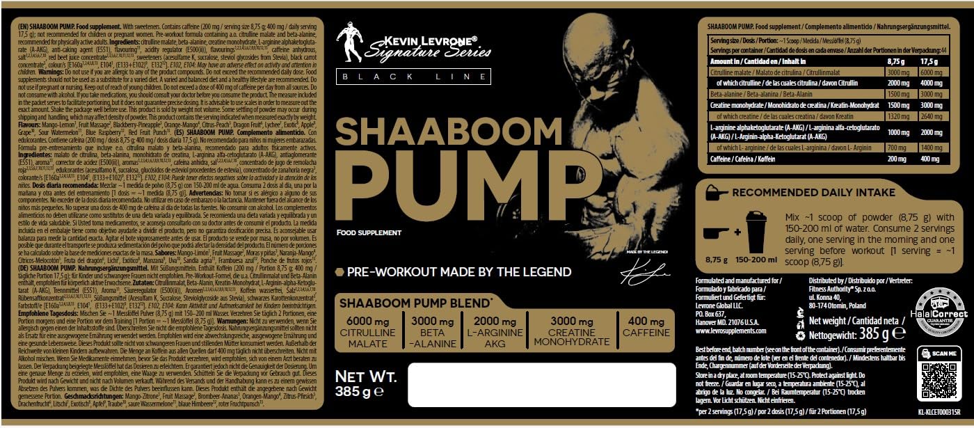 Fitness Authority Kevin Levron SHAABOOM PUMP Black Line Pre-Workout Booster 385g Flavour: Red Fruit Punch Hardcore Pump Training Powder Citruline Beta Alanine Kreatin Arginine Caffeine