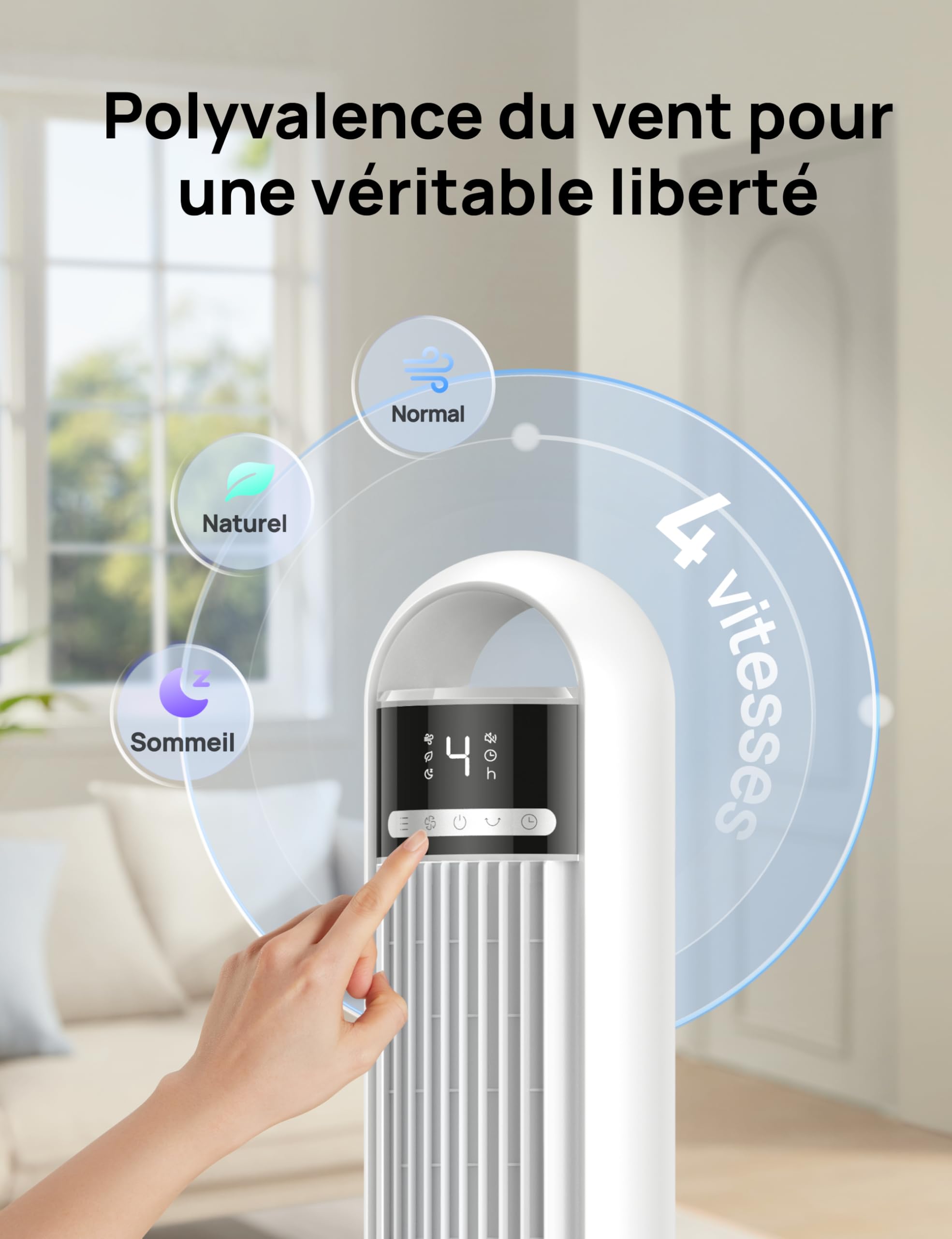 DREO Ventilateur Colonne Silencieux 23 dB pour Chambre, Couverture Max 9.8 m, Ventilateur Debout sans Lame, Oscillation 90°, 4 Vitesses, 3 Modes, Minuteur 8H, Affichage LED