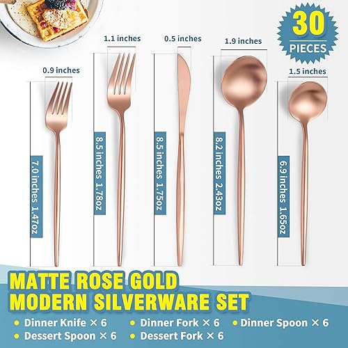 Miniatura 2 de Juego de cubiertos de oro rosa mate, moderno juego de cubiertos de acero inoxidable, 20 piezas, servicio de cubiertos para 4, juego de utensilios de