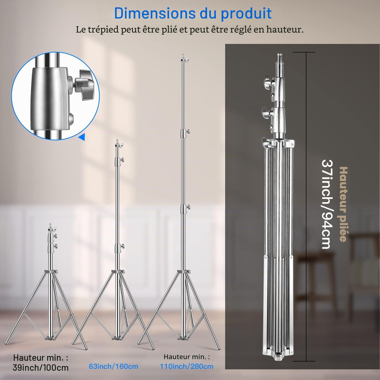 2,8 m Pied D'éclairage en Acier Inoxydable Support Eclairage Photographie avec Adaptateur Universel 1/4" vers 3/8" Trépieds pour Studio Photo Softbox Lumière Réflecteur Photographie Portrait Vidéo