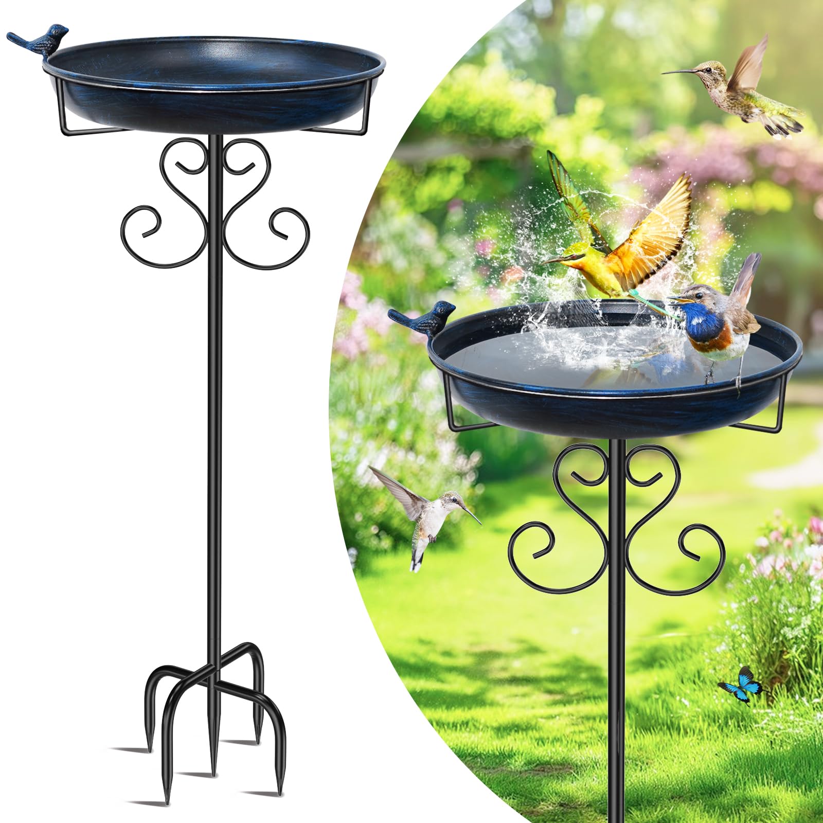 Metal Bird Bath for Outside, 40 Inch Tall Vintage Freestanding Birdbaths Bowl with Bird Statue, Sturdy 5-Pronged Base Birdfeeder for Outdoors Garden Patio Yard Lawn Decor (Vintage Blue)-image-47