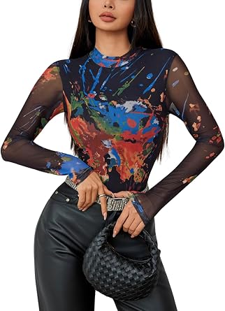 AVZXSA Womens Mesh Long Sleeve Bodysuit Sexy Mock Neck Printed Body Suit Lined One Piece Jumpsuit Going Out Tops