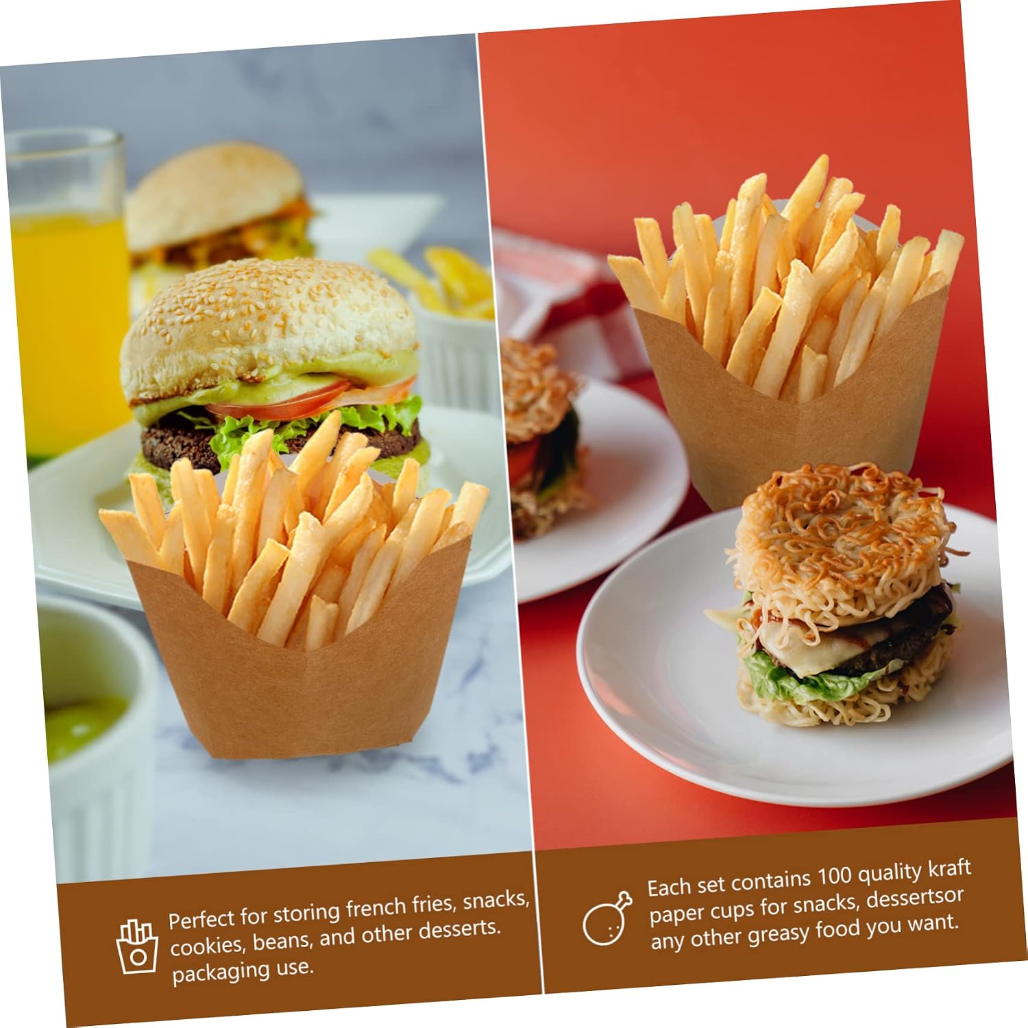100pcs French Fries Paper Boxes Eco-friendly Take-out Containers for Snacks Lightweight Kraft Packaging for Chicken Popcorn and Fried Treats