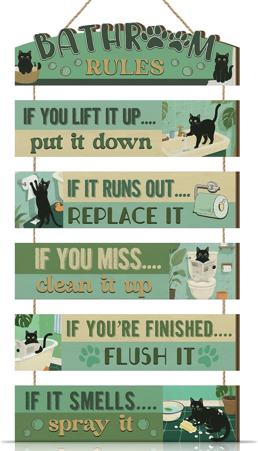ANHUIB Funny Cats Bathroom Rules Sign Black Cats Sign Toilet Vintage Cat Bathroom Wall Decor Toilet Door Plaque Restroom Wall Decor Wash Your Hands Wall Decoration for Home Washing Room Farmhouse — image 1