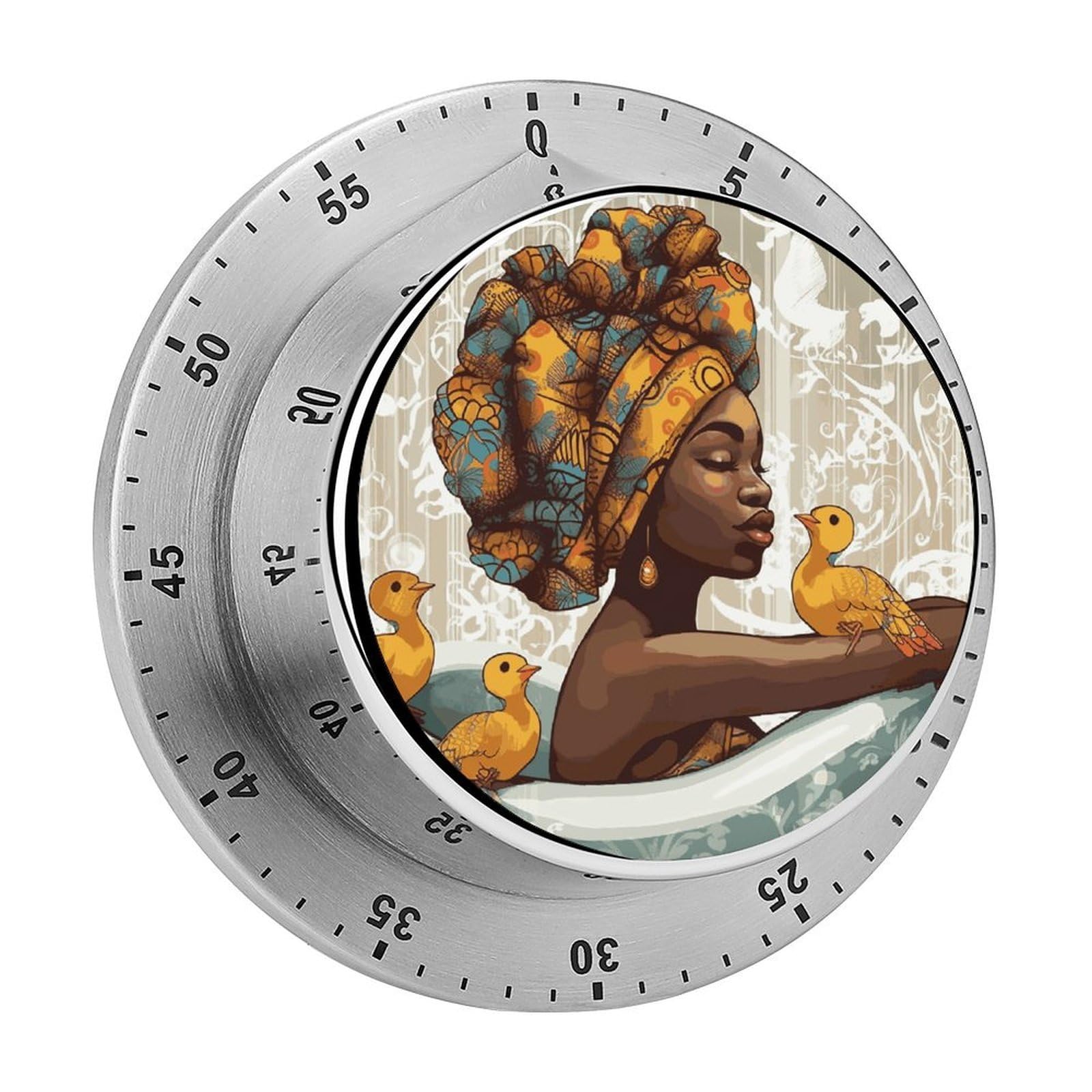 African Girl Visual Timer with Loud Alarm 60-Minute Kitchen Timers Exquisite Stainless Steel Body - Mechanical Desk Timer Countdown Clock for Cooking Chef Clock