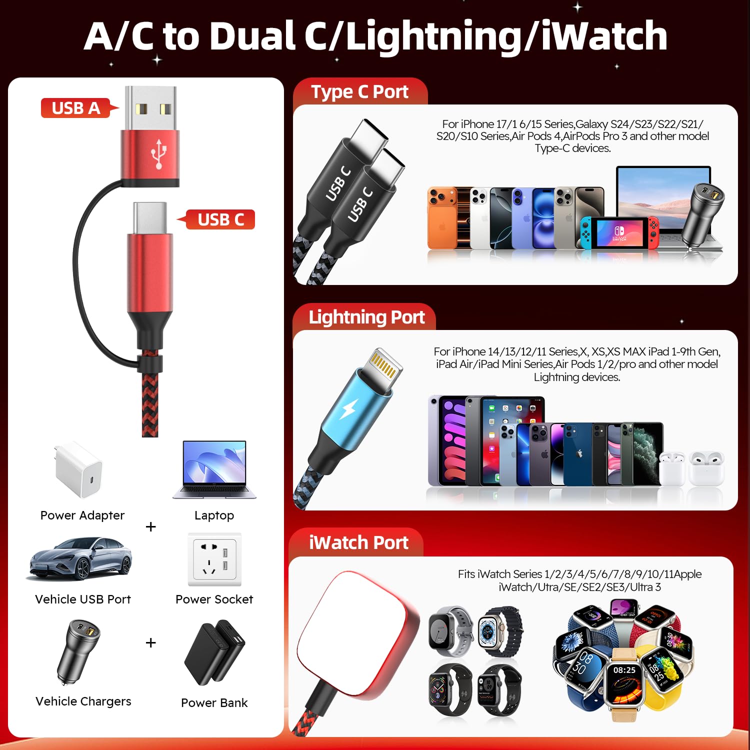 Cavo USB C 4 in 2 aggiornato per Apple Watch, caricabatterie 2 tipo C/Lightning, cavo di ricarica multiplo, essenziale da viaggio portatile progettato per iWatch Ultra/SE/10-1 e iPhone 16-12-5FT