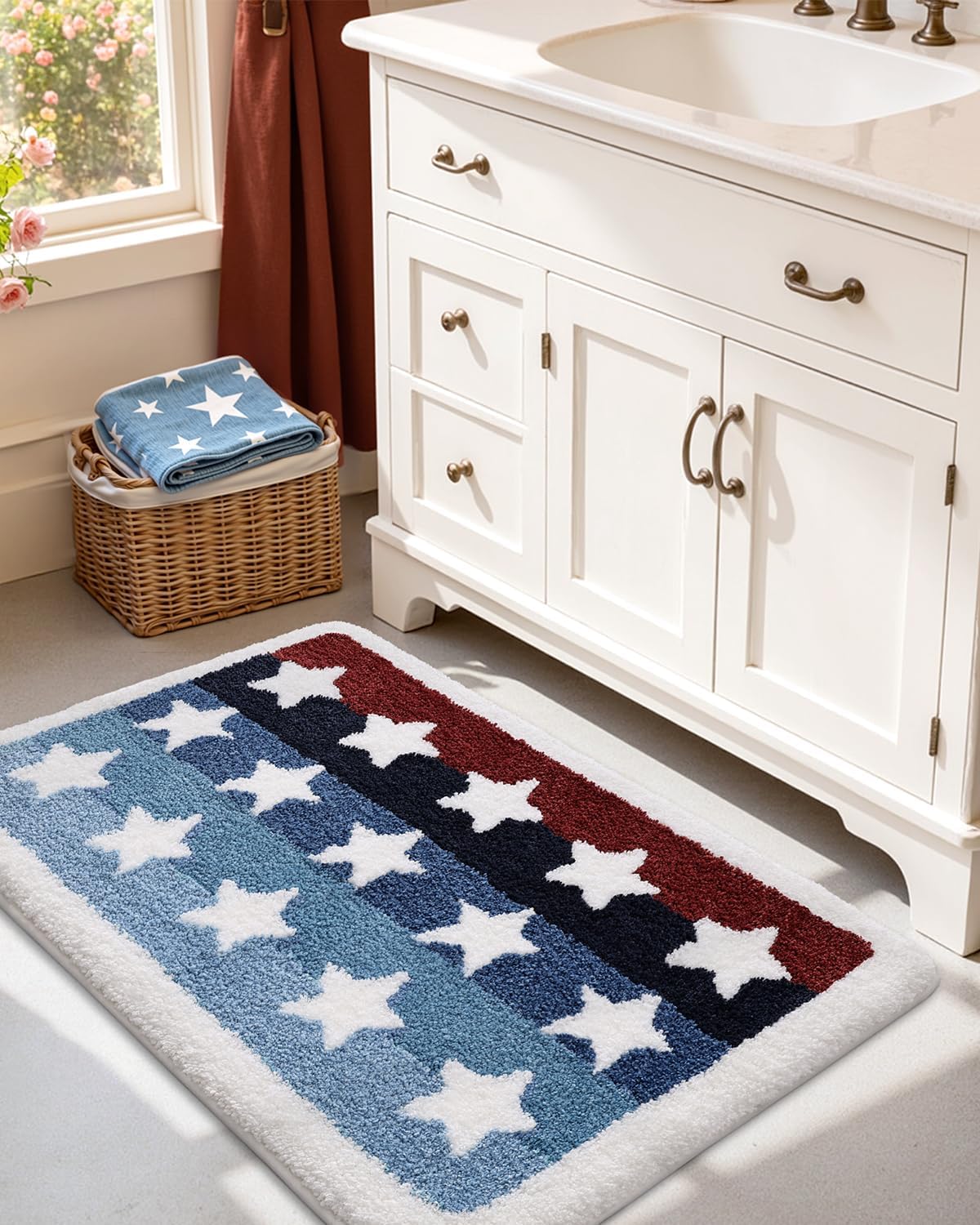 DEXI Rustic Star Bathroom Rug, 20x32 Non Slip Washable Bath Mat Absorbent, Ultra Soft Plush Microfiber Bathmat Quick Dry for Shower Floor, Tub, Sink, Colorful Stripes