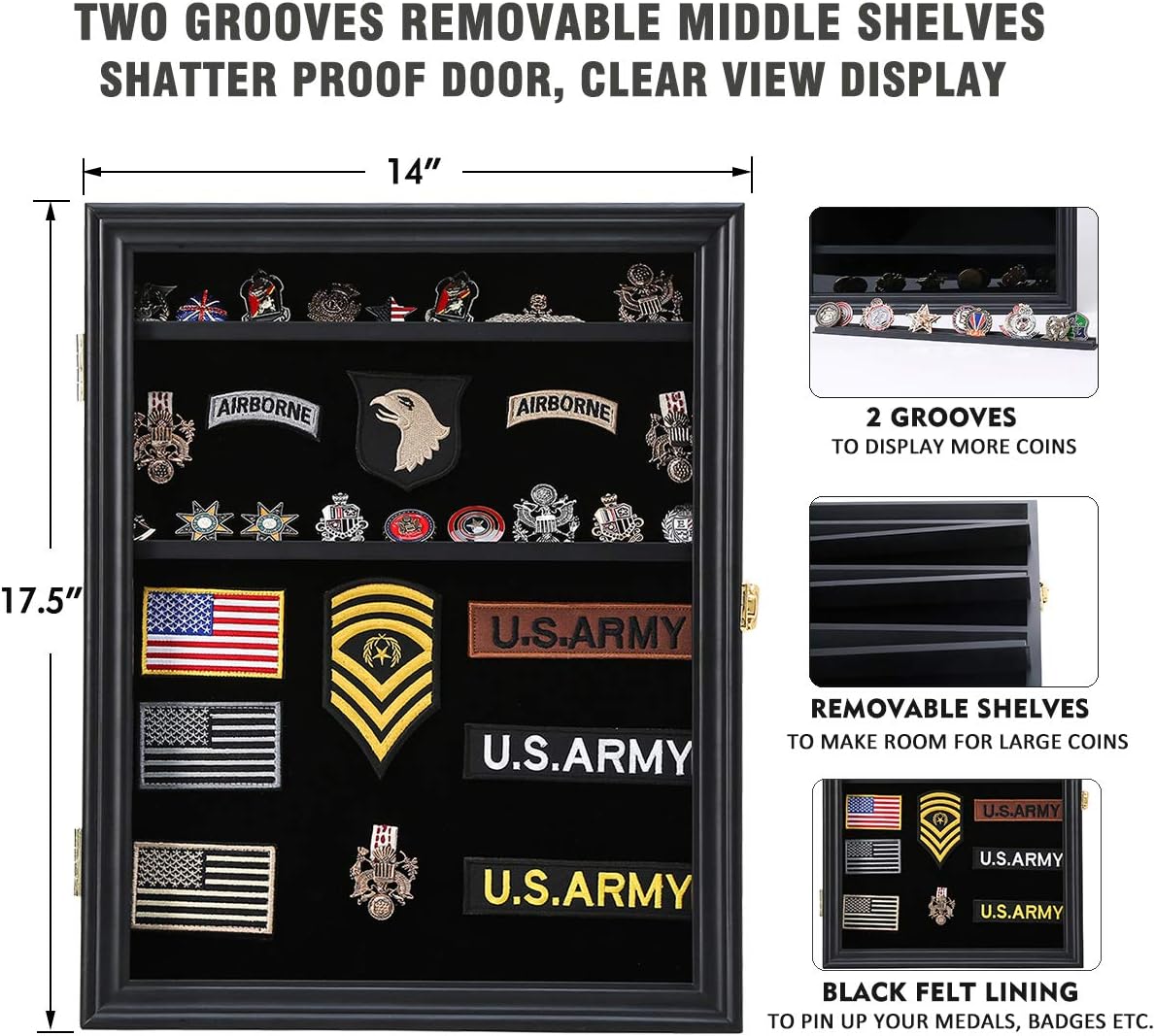 Military Challenge Coin Medals Pins Collector Display Case Lockable Wall Frame Wood Cabinet Black Shadow Box with Removable Shelves and Pinnable Background for Badges Patches Insignia Ribbons Brooches