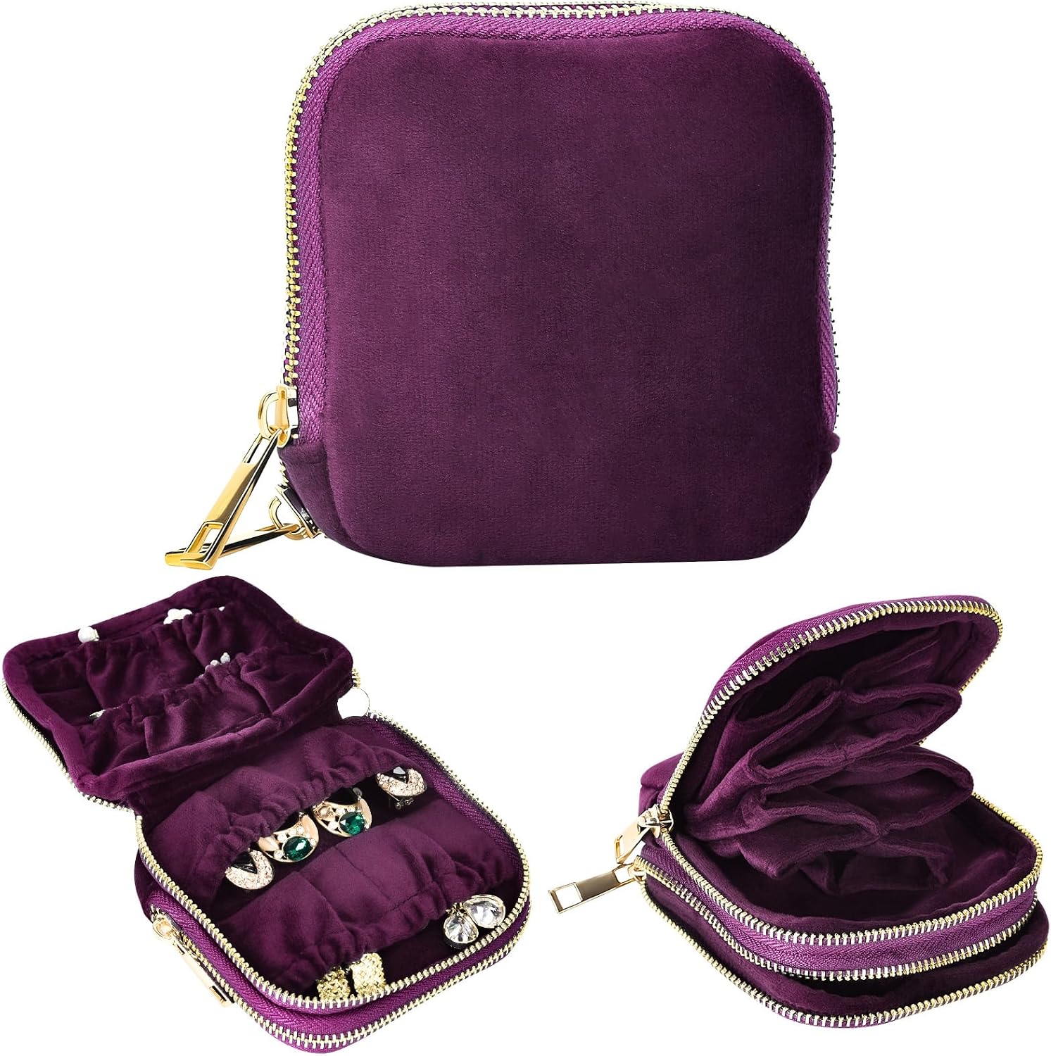 shunmei Portable Travel Jewelry Case with Smooth Double Metal Zipper,Purple