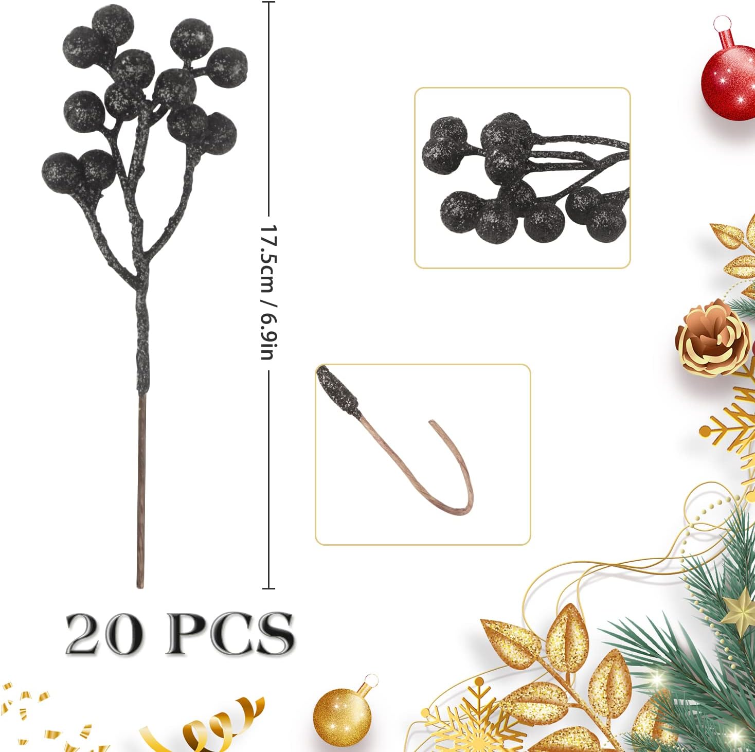 20 Pack Artificial Black Berry Stems, 7.1 Inch Burgundy Black Berry Picks Holly Berries Branches for Christmas Tree Decorations Crafts Wedding Holiday Season Winter Décor Home Decor