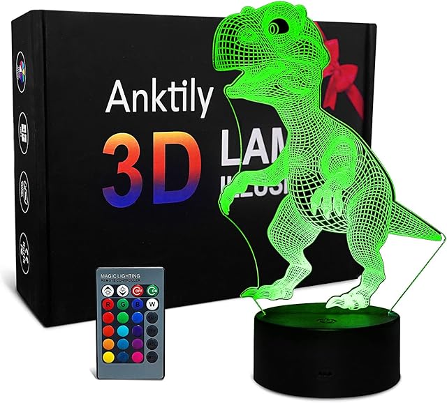 Dinosaur Night Light for Kids, Dinosaur Toys for Boys, 3D Optical Illusion Lamp, 16 Colours with Remote Control Bedside Table Desk Lamp, Birthday Gifts for Children and Adult