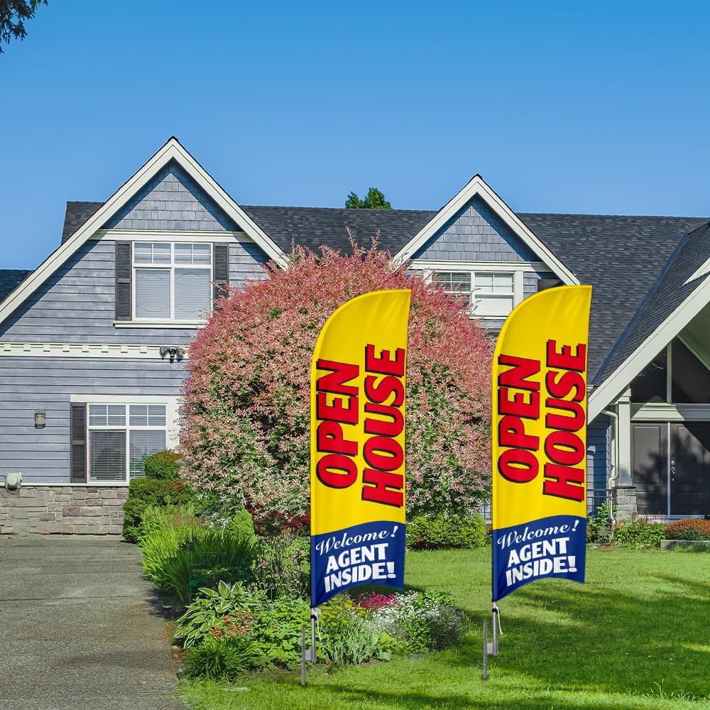 FFN 2-Pack Open House (Yellow) 6ft Feather Banner Flag with 8ft Kits, Includes Flag Poles, and Ground Stakes, Outdoor sign on lawn at home for sale - Image 2