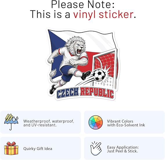Czech Republic Flag National Team Mascot Football World Cup Sticker - Waterproof Outdoor Car Bumper Vinyl Decal, 5 Inch