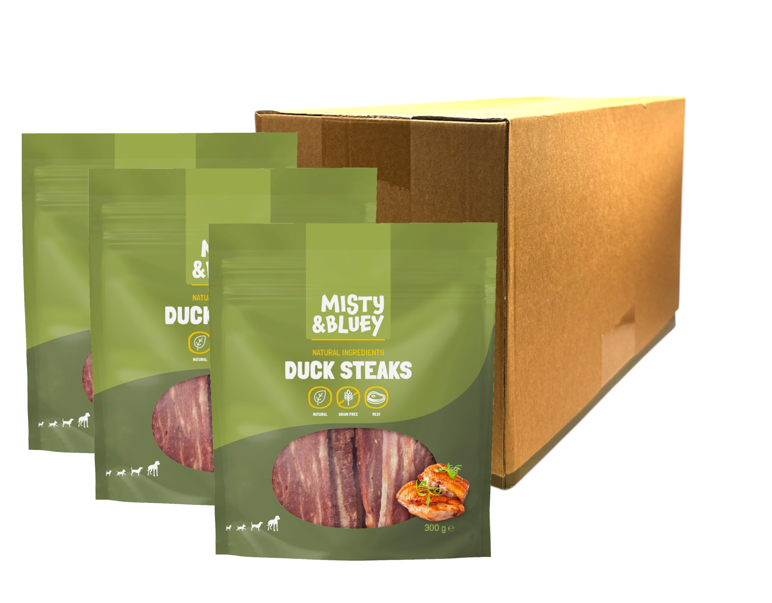 Misty & Blue Duck Steaks, Natural Tasty High Protein Dog Treats, High Meat 65%+, Grain Free, Additive Free, Daily Dog Chew Treats, Value Bag 300g (Case Of 3, Duck)