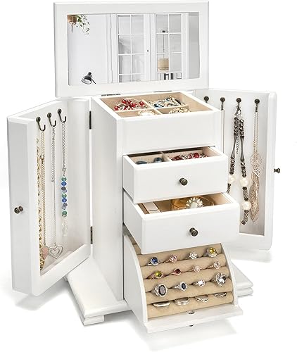 Emfogo Joyero para mujer, cajas de joyería de madera rústica y organizadores con espejo, caja organizadora de joyas de 4 capas para anillos, aretes,
