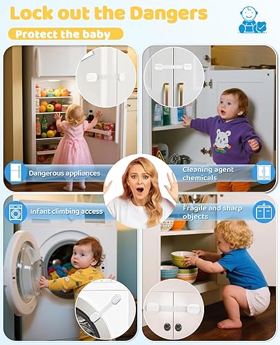 Miniatura 5 de Paquete de 10 cerraduras de gabinete a prueba de bebés, cerraduras de gabinete a prueba de niños con adhesivo 3M, fácil instalación con correas