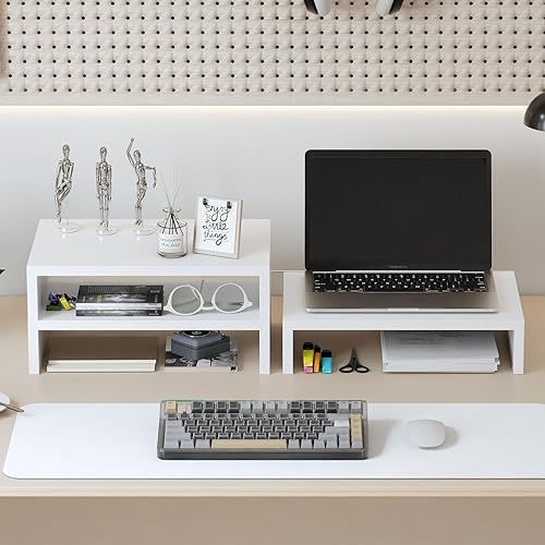 Miniatura 3 de TEAMIX Soporte elevador para monitor, paquete de 3 unidades, de madera, de 3 niveles, ajustable, doble monitor para 2 monitores, laptop, PC, soporte