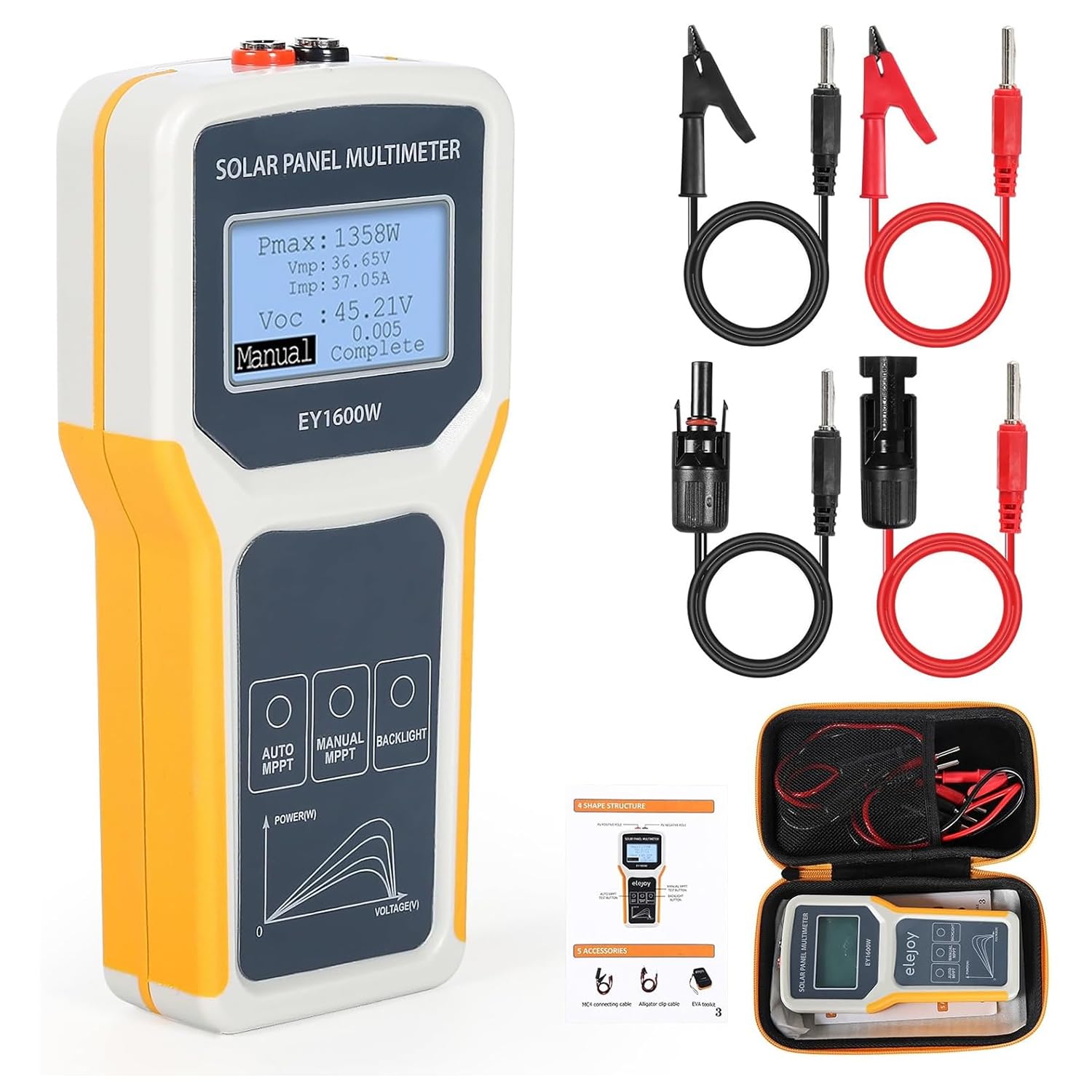 TsoLay Tester per Pannelli solari, multimetro per Pannelli fotovoltaici da 1600 W con Display LCD Ultra Chiaro, rilevamento Automatico MPPT, per guasto di Tensione a Circuito Aperto
