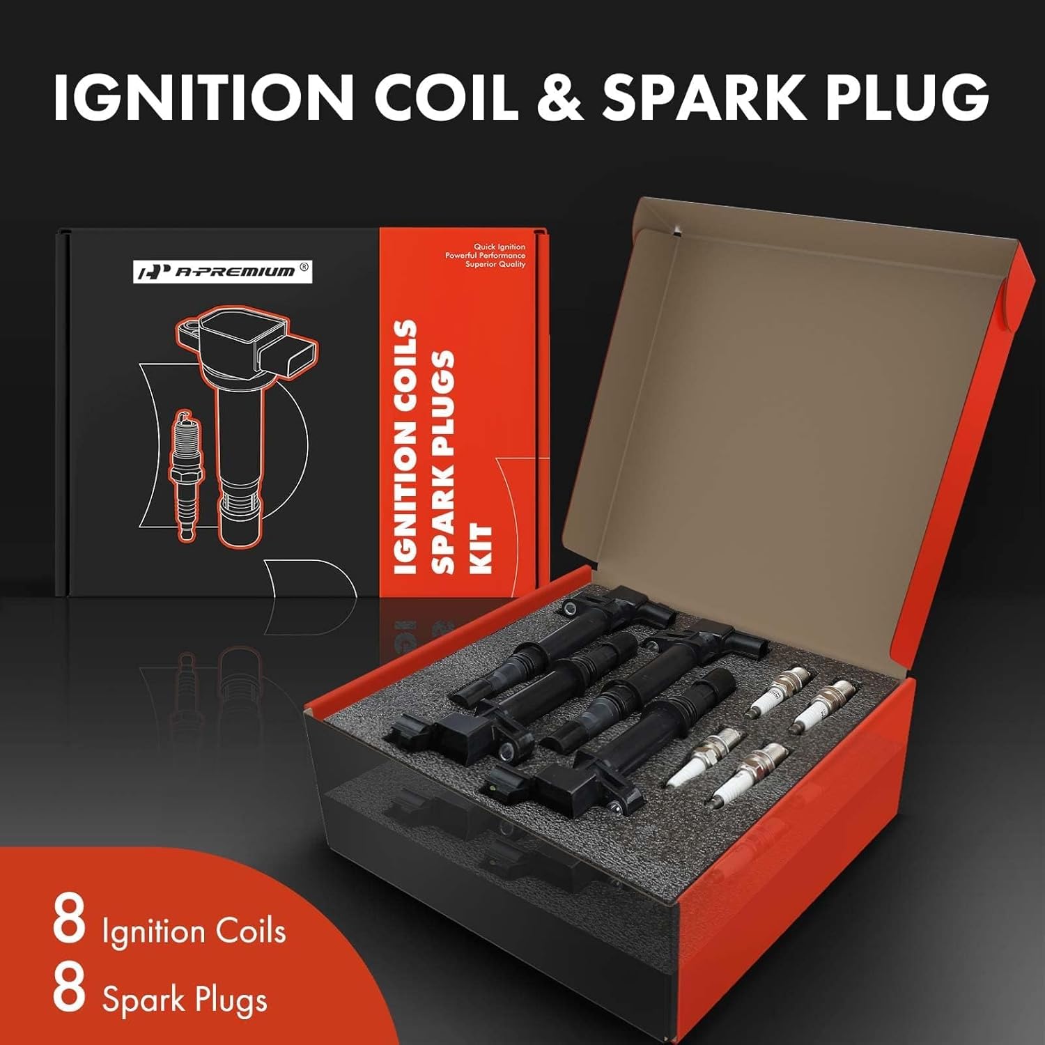 A-Premium Set of 8 Ignition Coil Pack and Iridium Spark Plugs Compatible with Dodge, Jeep Vehicles - 2002-2008 Ram 1500-2000-2008 Dakota Durango - 1999-2008 Grand Cherokee