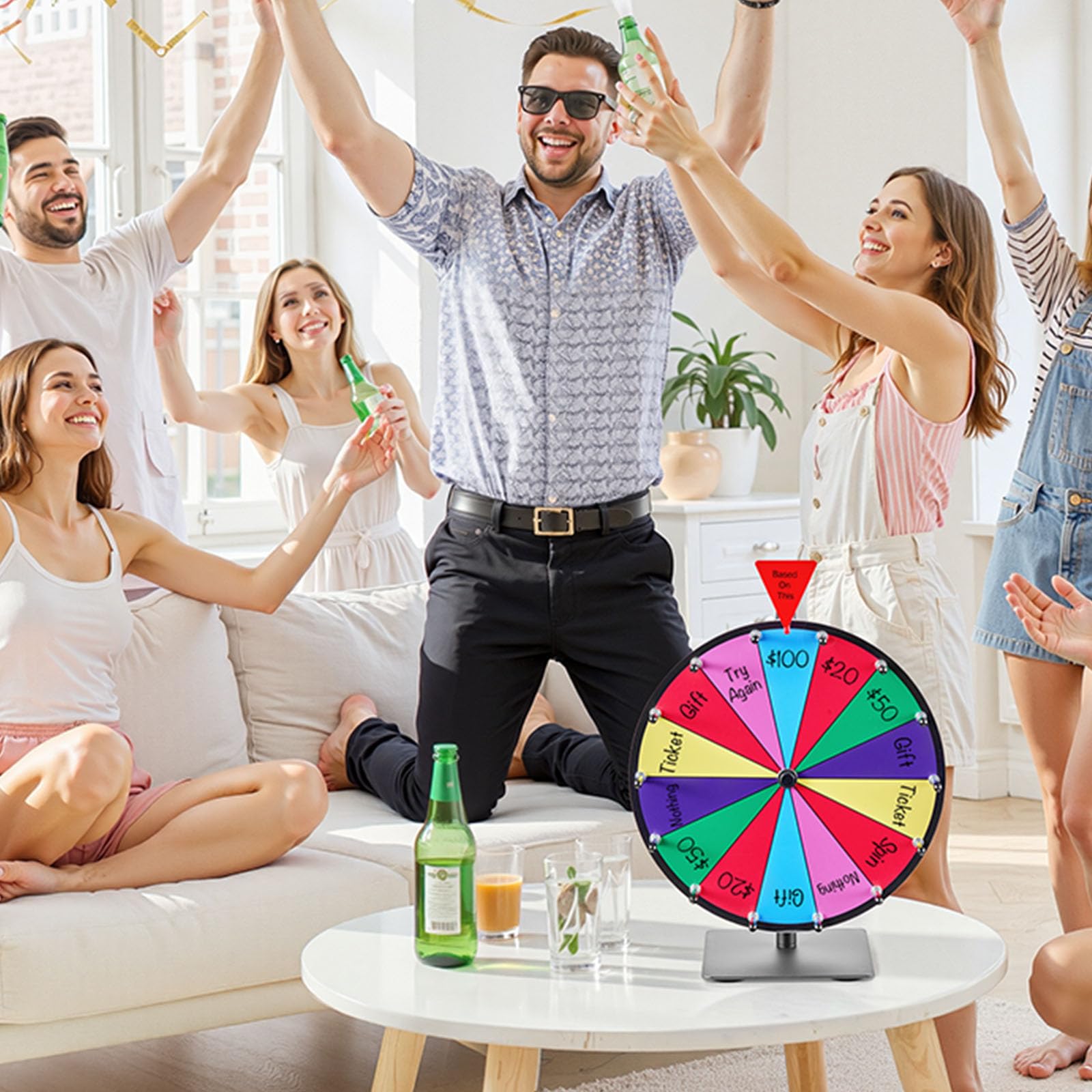 VEVOR Glücksrad Drehrad (305 mm) 14 Slots Glücksrad mit Ständer, Lotteriespiele Gewinn-Roulette mit Tafelschwamm & 2 Markern, 6 Farben, Spinning Prize Wheel ideal für Party Kneipe Messe