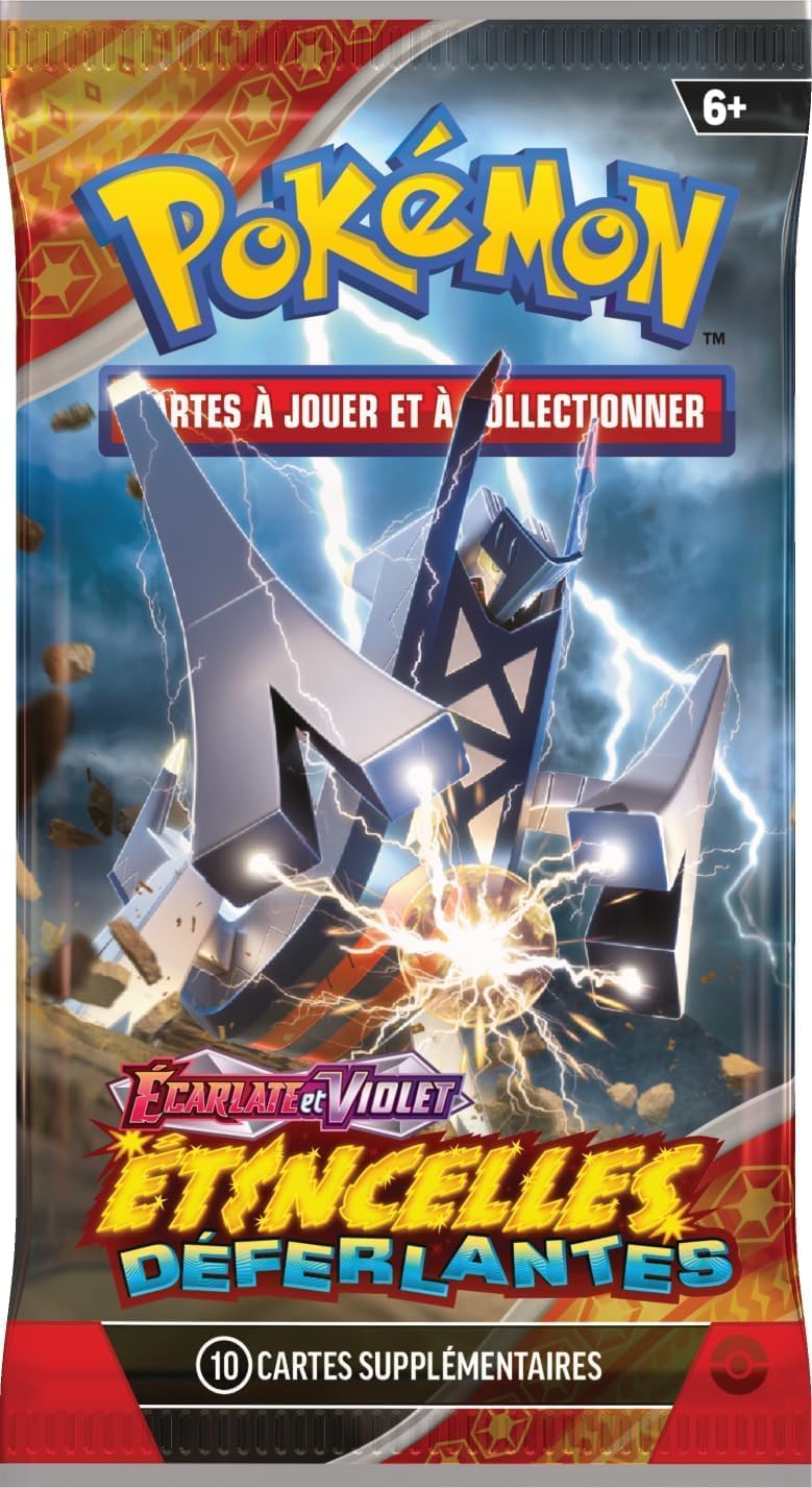 Front view of an Asmodee Pokémon EV08 Booster pack featuring a metallic-looking Pokémon.