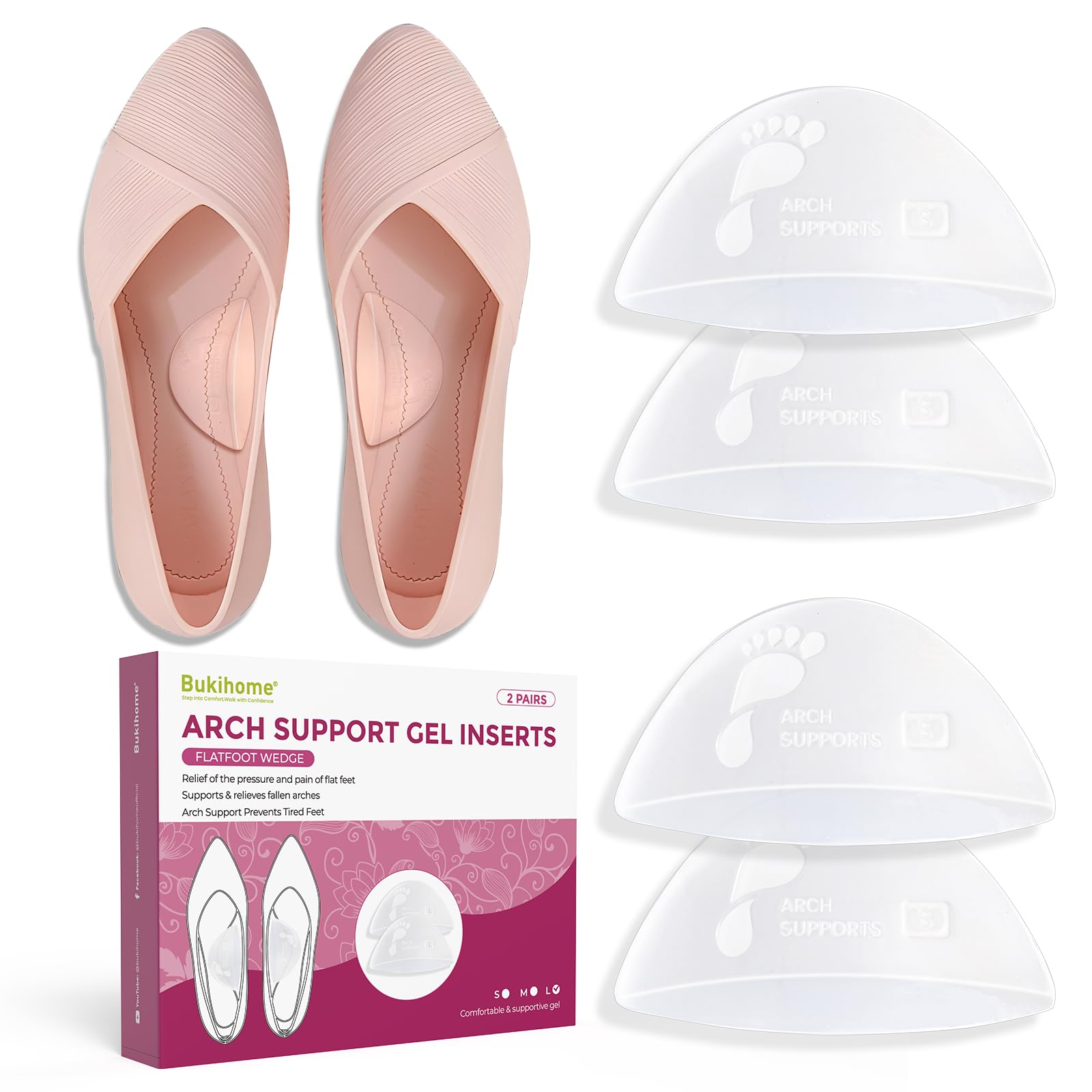 Bukihome Arch Support Inserts for Plantar Fasciitis - Anti Gravity Design - 2 Pairs Adhesive Gel Arch Pads for Women &amp; Men - High Arch Support Insoles for Flat Feet,Relieve Pressure - Clear,Medium