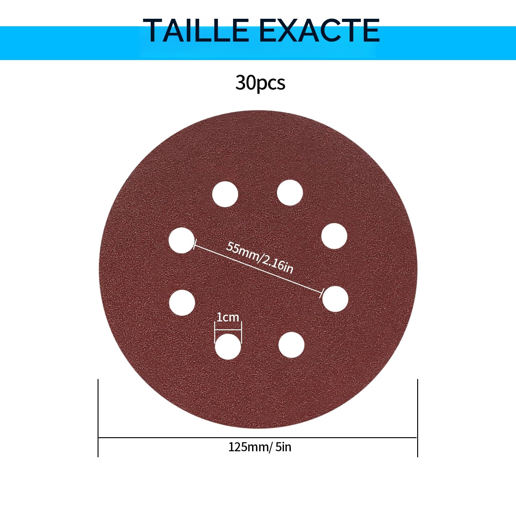 Disques Abrasifs 125 mm 5 Pouces Grain 80 8 Trous Papier Abrasif pour Ponceuse Orbitale
