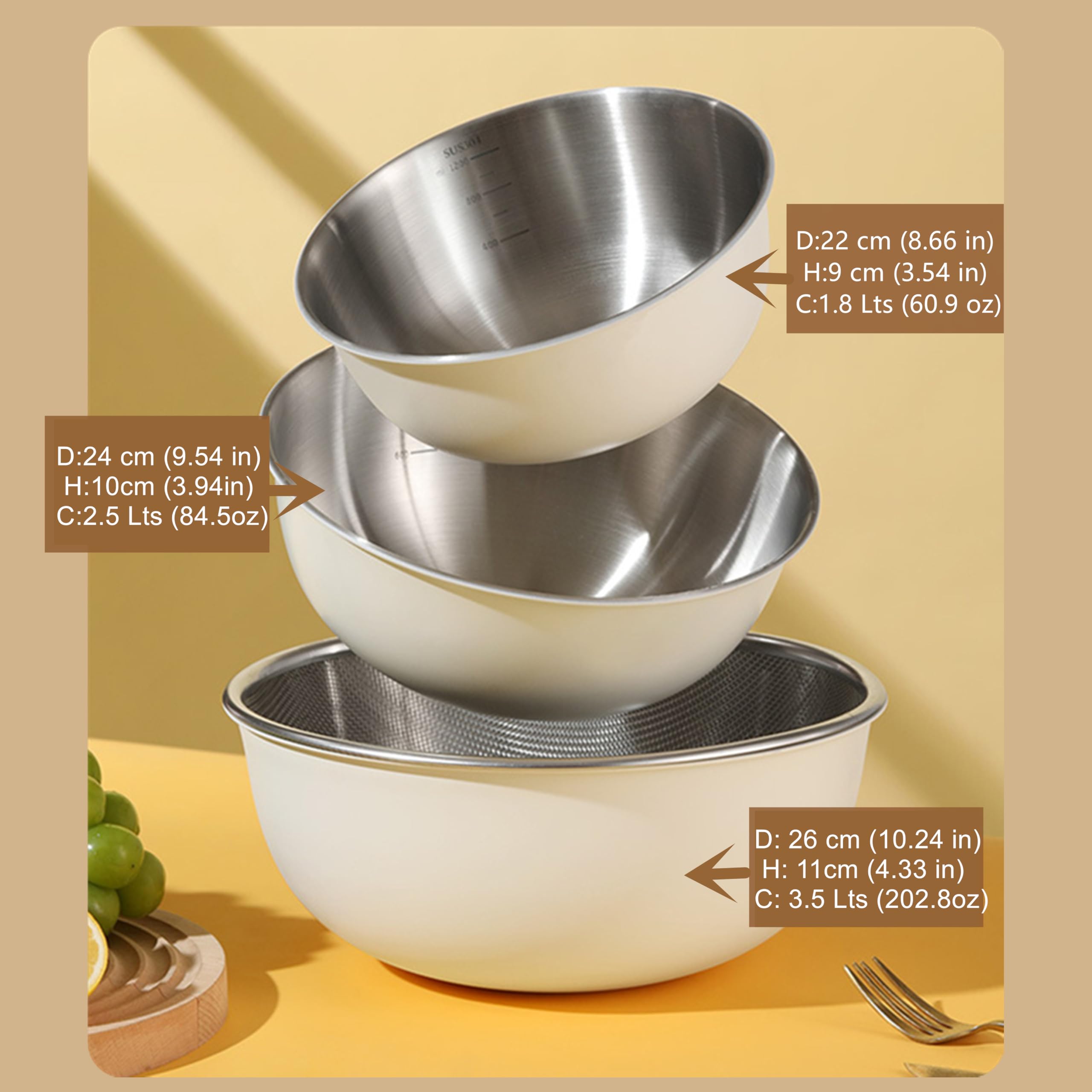 3-teiliges Schüssel-Set, Küchen-Schüssel-Set, Edelstahl-Schalen-Set 22 cm, 24 cm und 26 cm, Küchenschüssel mit Bambus-Deckel