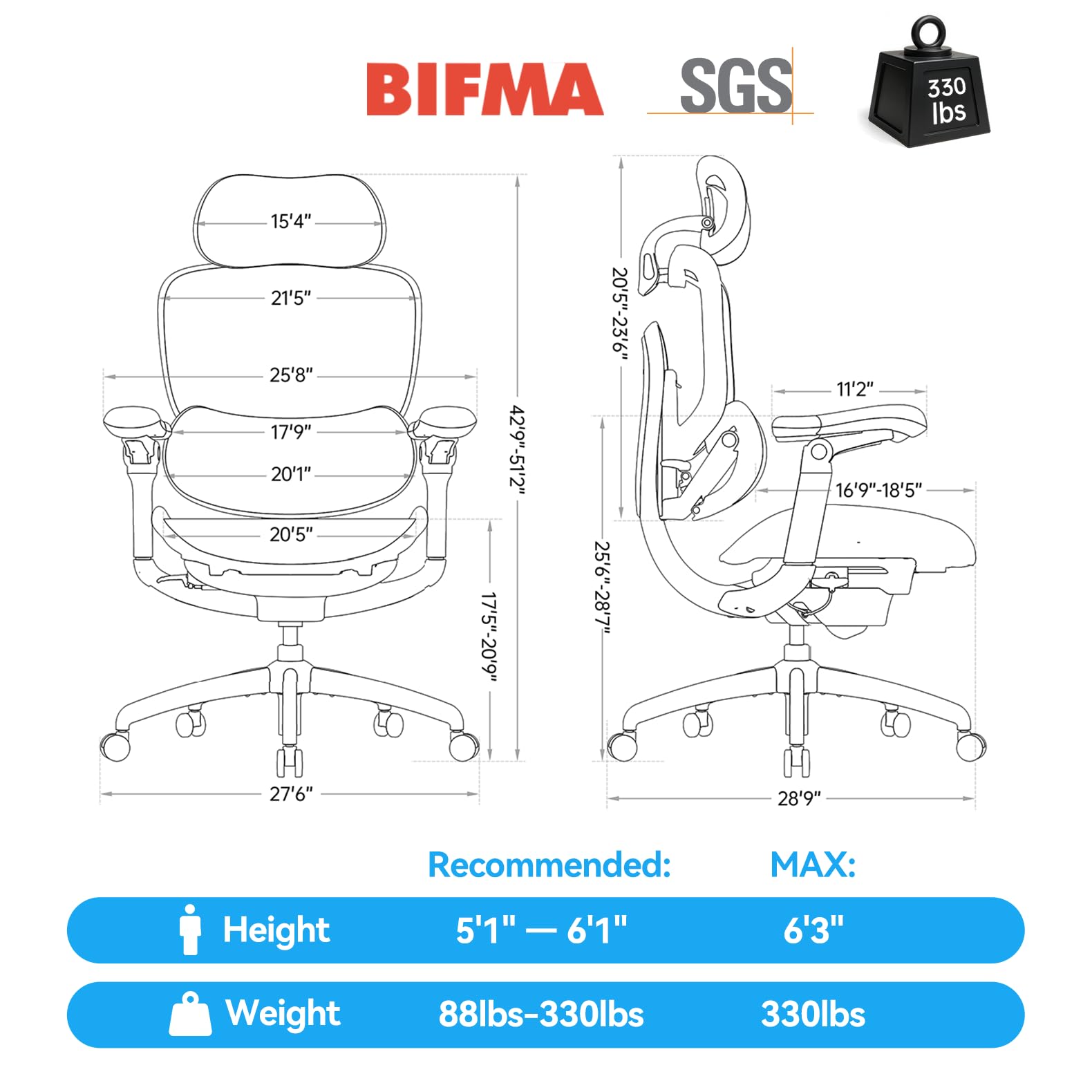 SIHOO Doro C300 V2 Ergonomischer Bürostuhl mit Netzbezug, Schreibtischstuhl mit 8D-Armlehnen & Drehbarer Lendenwirbelstütze, 3D-Kopfstütze, Sitztiefenverstellung, Neigung, für Homeoffice, Schwarz