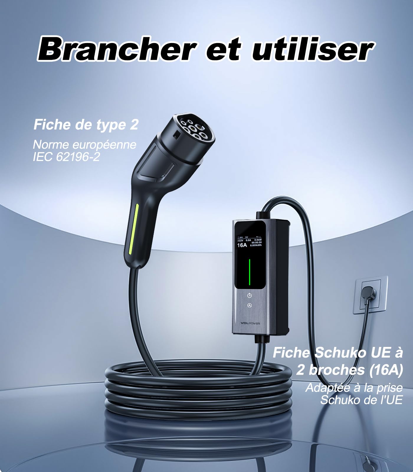 Chargeur Voiture Electrique, 3.6KW EV Chargeur Type 2, Courant réglable 6/8/10/13/16A, 5M Cable Recharge Véhicule Electrique avec EU Schuko, Borne de Recharge Monophasé IP65 (3.68KW-5M)
