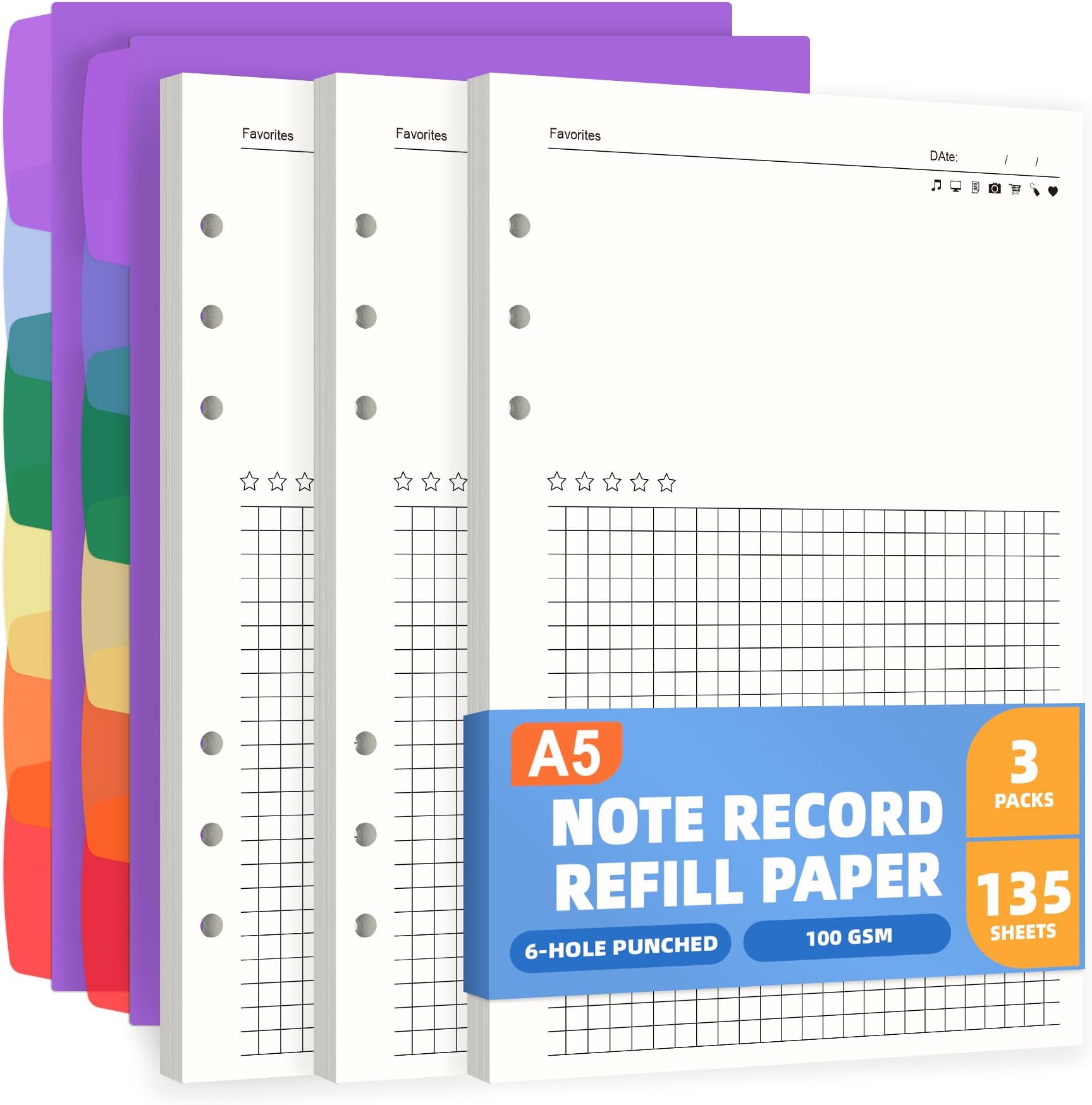 Antner A5 Refill Paper Planner Inserts for A5 6-Ring Binder, 135 Sheets 6-Hole Note Record Refills Blank&Grid Loose Leaf Filler Paper with Binder Dividers for Refillable Notebook, Journal, Sketchbook