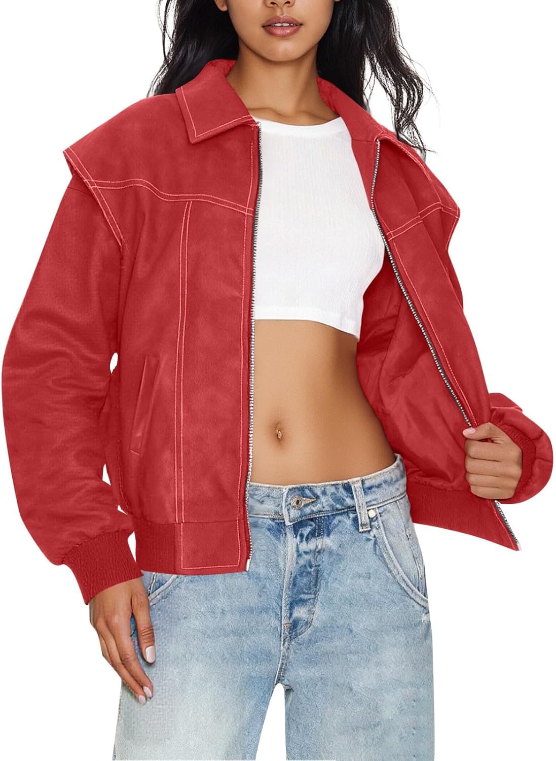 Womens Faux Leather Jacket Cropped Long Sleeve Short Jackets Lapel Zip Up Open Front Coat Trendy Y2k Motobike Coats