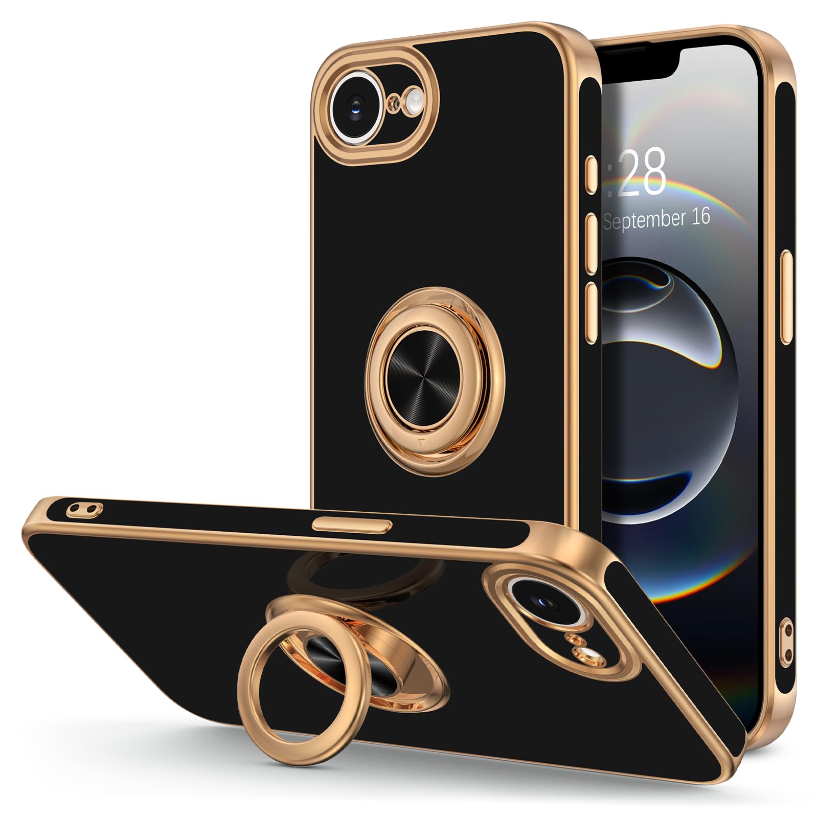 Hython for iPhone 16e Case with Ring Stand, 360° Rotatable Ring Holder Magnetic Kickstand, Plating Rose Gold Edge Soft Cover Protective Phone Case for