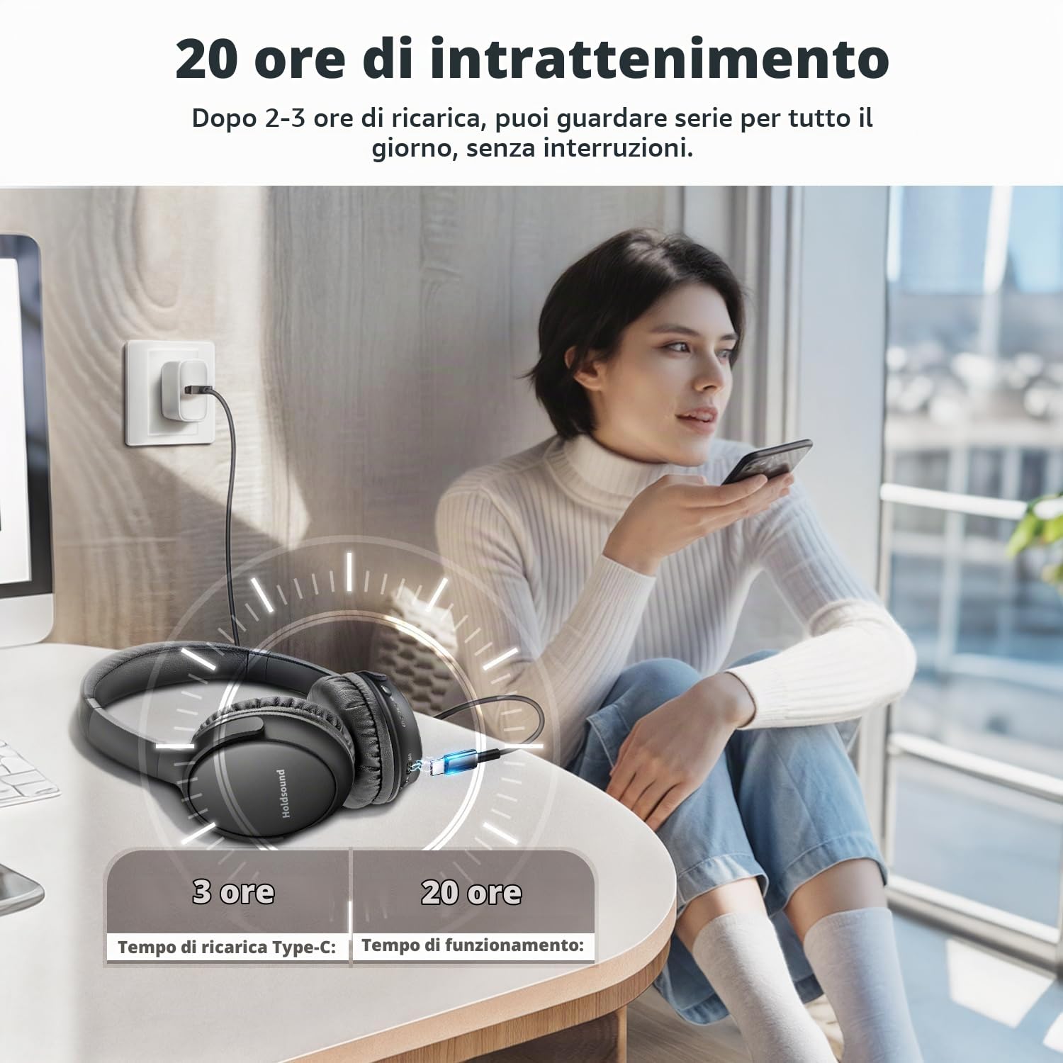 Holdsound Cuffie TV Wireless, Leggero E Confortevole, Plug And Play | Wireless TV Auricolare Per Gli Anziani Con Portatile USB Trasmettitore,Nessun Ritardo Audio,50 m Gamma,20h Di Intrattenimento