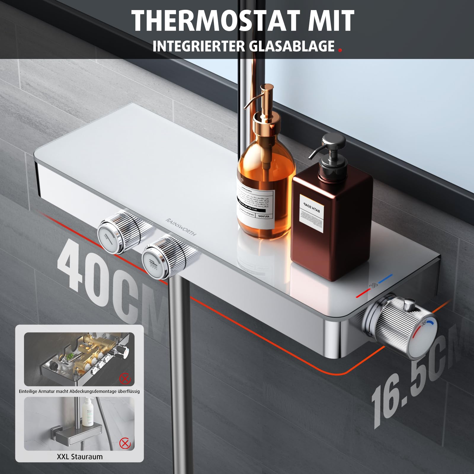 Rainsworth Duschsystem mit Thermostat und Glasablage 26 x 26 cm, Chrom | Ein-Tast-Bedienung & Durchflussregelung Duscharmatur Komplettset, Regendusche, Handbrause 3 Strahlarten -Duschset mit armatur