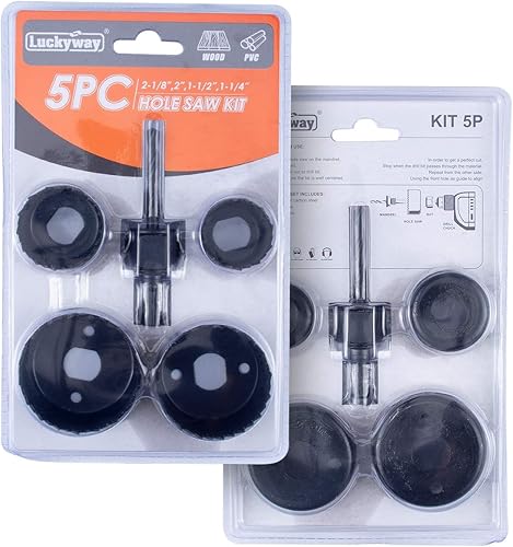 Luckyway Juego de sierra perforadora de 5 piezas, sierra de agujero de 1-14 a 2-18 pulgadas con mandril de sierra de agujero para madera, plástico,