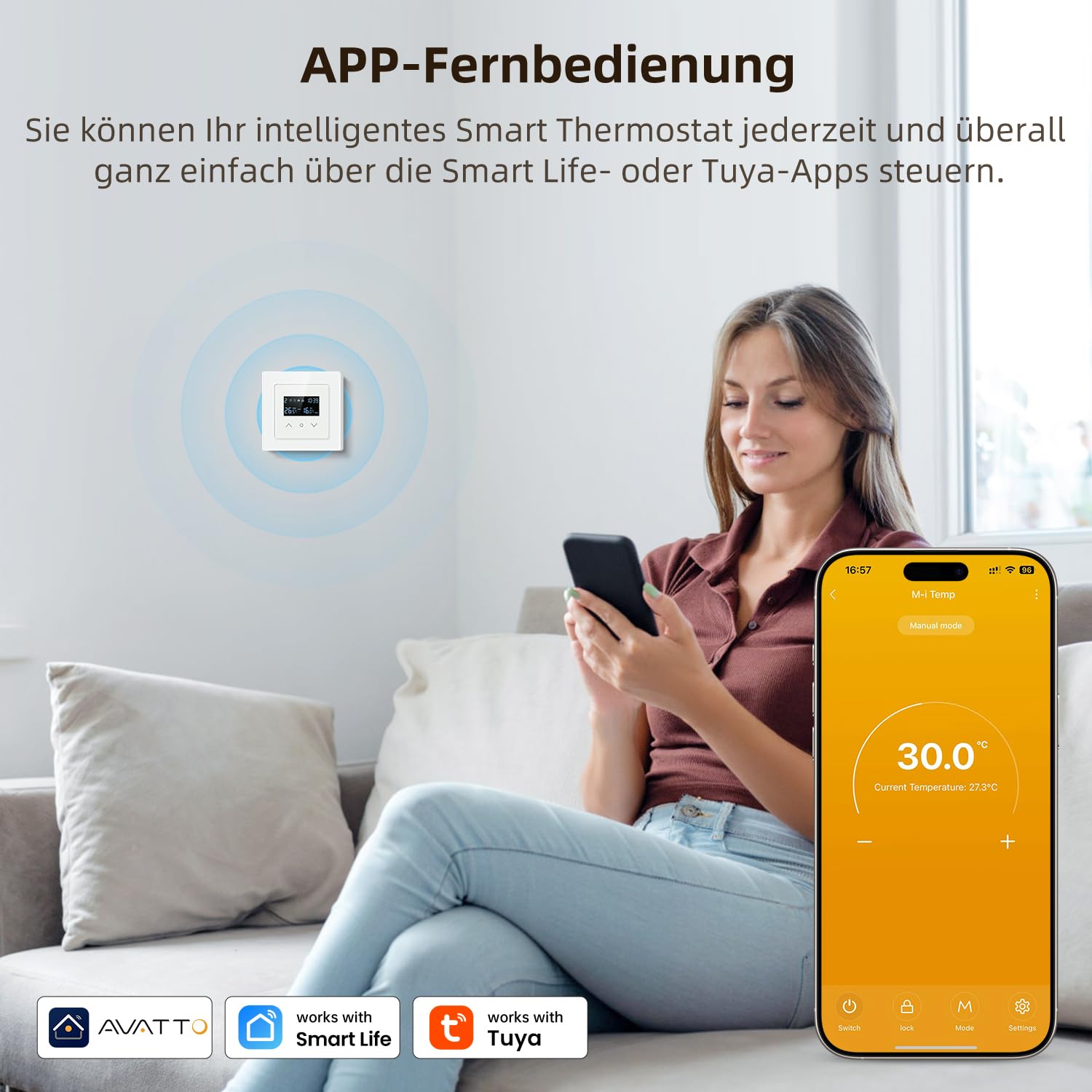 AVATTO 55x55mm Smart WiFi Thermostat für Wasser-Fußbodenheizung programmierbarer Raumthermostat kompatibel mit Alexa & Google Home, Fernbedienung über AVATTO-App oder Smart-Life-App