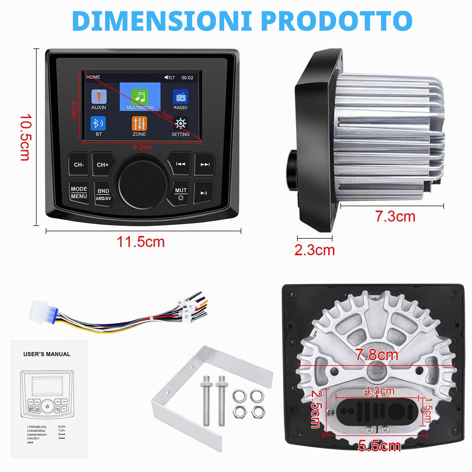 Geloo FM/AM Radio Marine Stereo Barca Marino Autoradio Impermeabile per Barca Nautica, MP5 Player Universal con 4 Pollici Digitale Display per Barche, Yacht, Golf Cart, ATV, Camper,SUV
