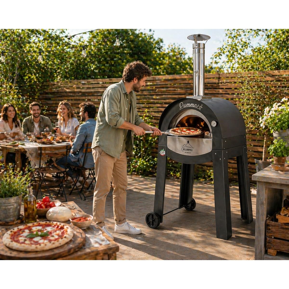 BELLANAPOLI - Forno per pizza da esterno professionale per cottura a 2 pizze 400 °C, forno a legna di alta qualità, in acciaio inox, pietra refrattaria, termometro a 2 ruote