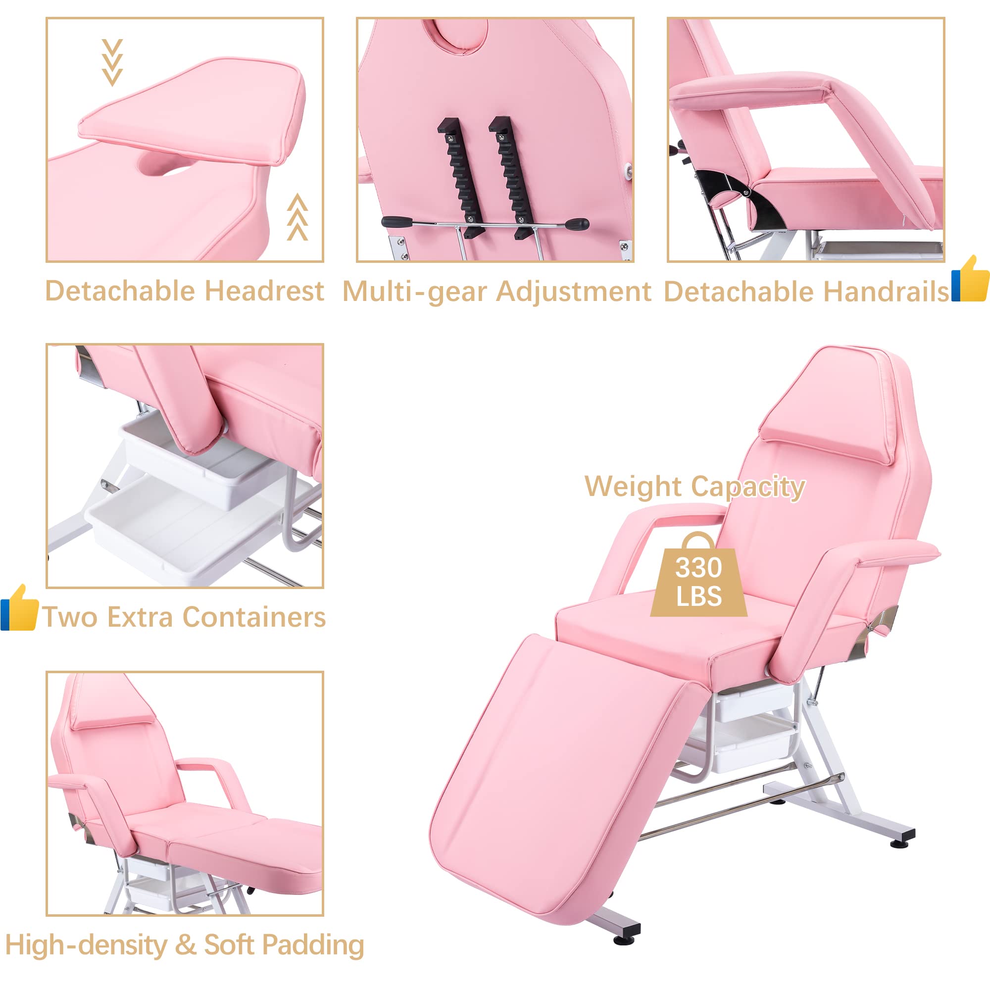 JOYBASE Massage Bed, Adjustable Massage Table with Barber Stool, Spa Salon Massage Equipment (Pink)