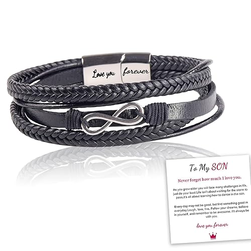 To My Son Braided Leather Bracelet, Infinity Bracelet for Men, Silver Bracelet Leather Rope Bracelet Men Bracelet Leather and Steel Magnetic Braided