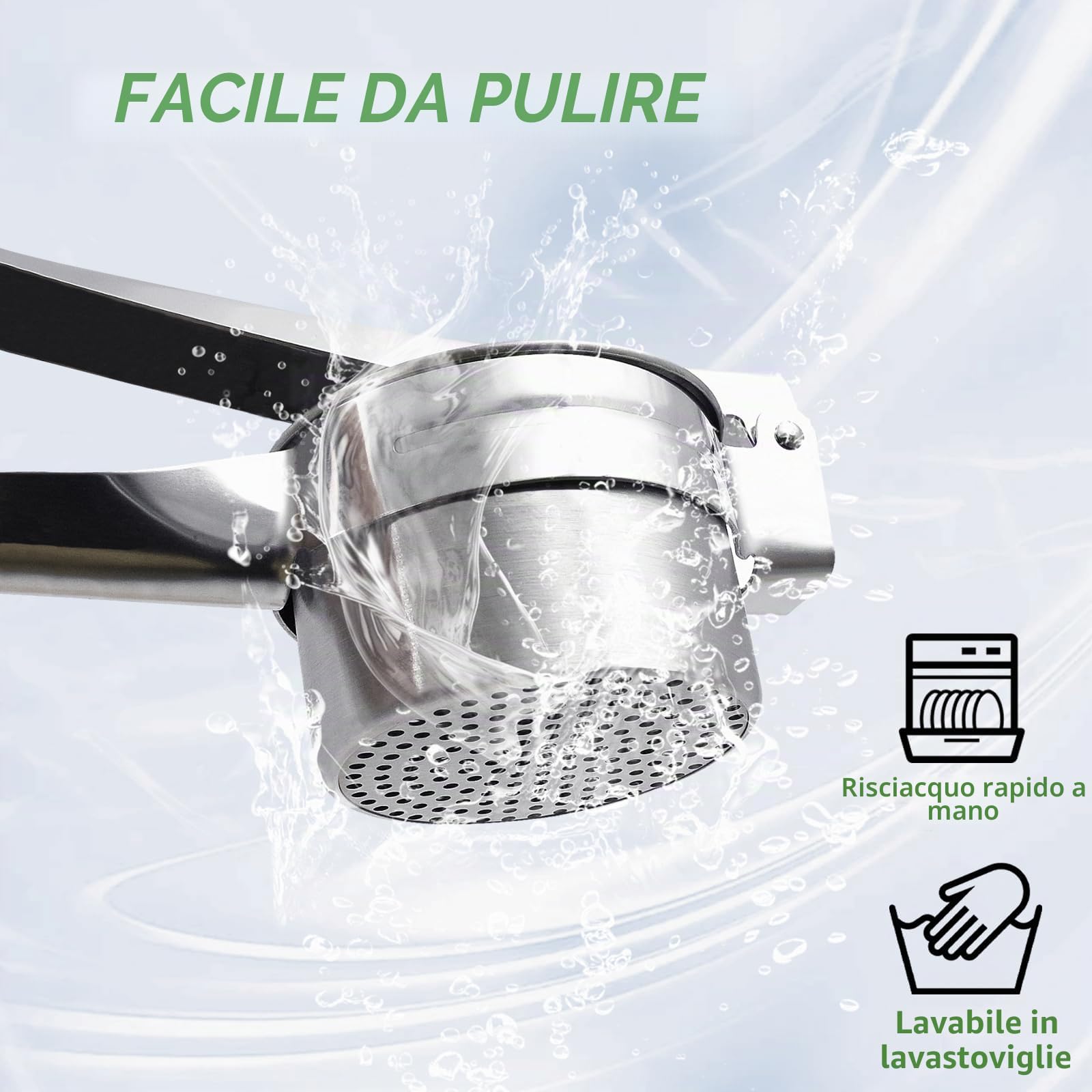Schiacciapatate Manuale in Acciaio Inox, Professionale Potato Ricer, Pressa per Purè di Patate Liscie, Marmellata, Verdure E Frutta, con 3 colini sostituibili (Fine Medio Grossolano)