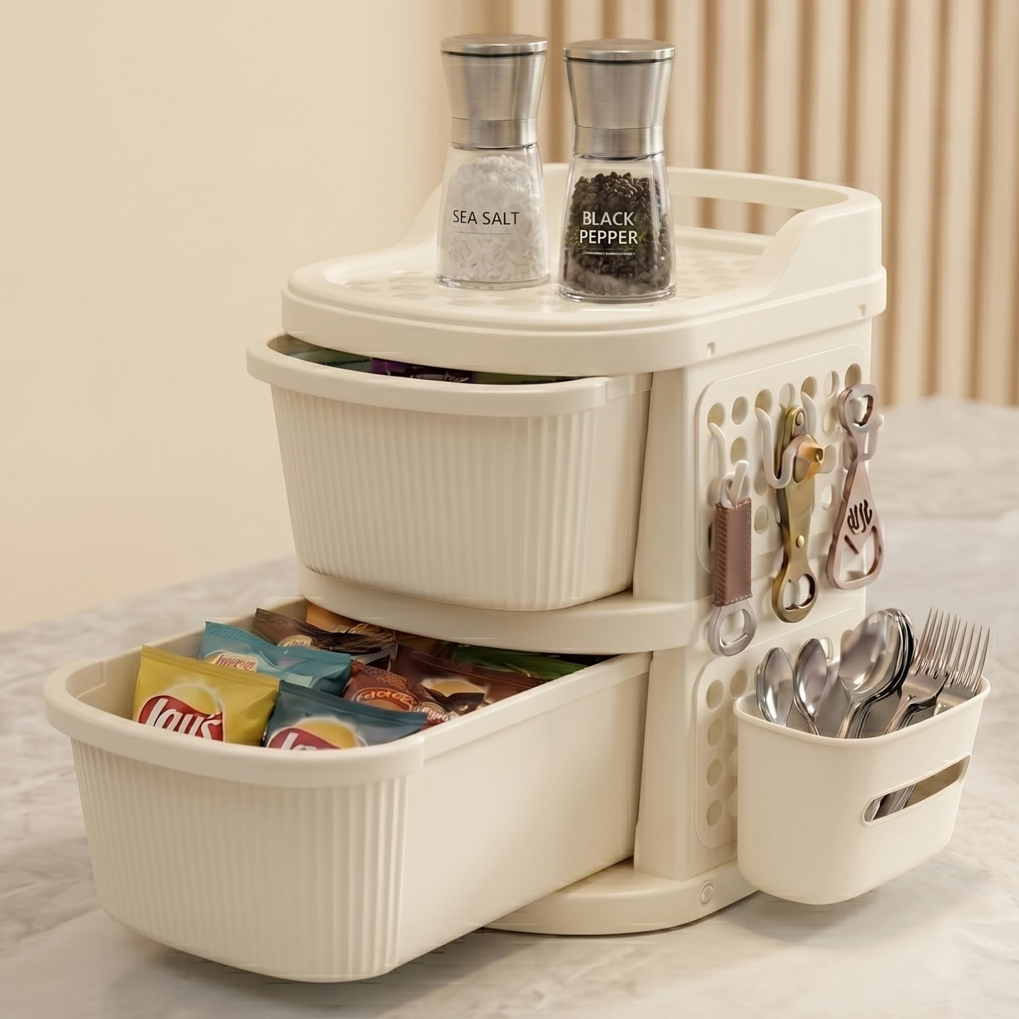 TEX-RO 2 Layer Plastic Drawer Cabinet with Wheels & Side Hooks | Stackable Storage Trolley Organiser for Kitchen, Bedroom, Bathroom | Multipurpose Drawers Organisers Rack with Basket - Ivory