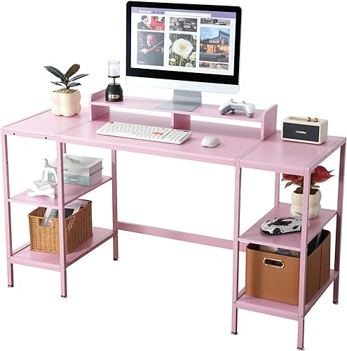 Escritorio para computadora de 55 pulgadas con estante de almacenamiento - Rosa, ideal para dormitorios, espacios pequeños y oficinas en casa,