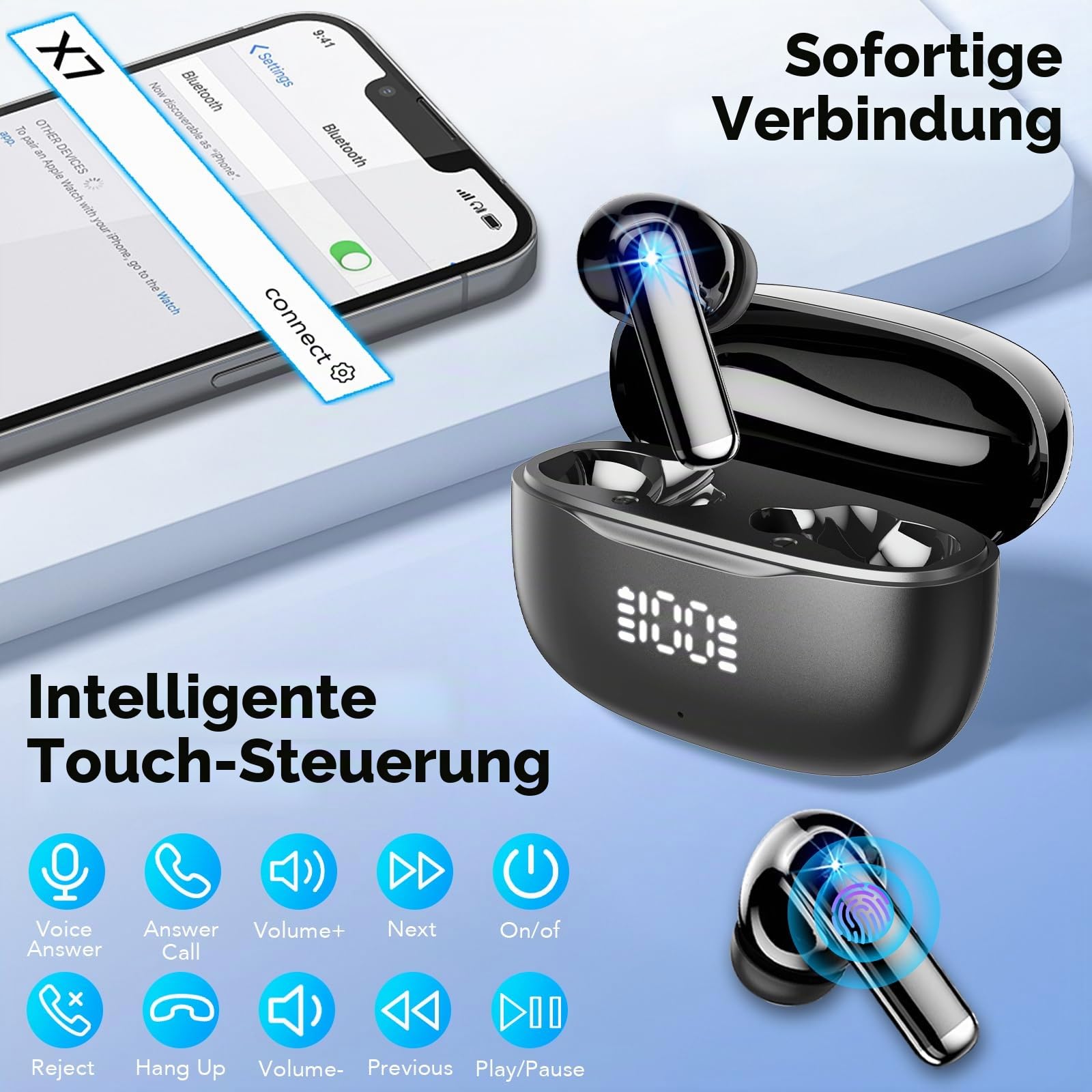 2026 Neu Bluetooth Kopfhörer, In Ear Kopfhörer Kabellos Bluetooth 5.4, 4 ENC Noise Cancelling Mic mit 40Std Tiefer Bass, Wireless HiFi Stereoton, IPX7 Wasserdicht Sport Ohrhörer LED-Anzeige, USB-C