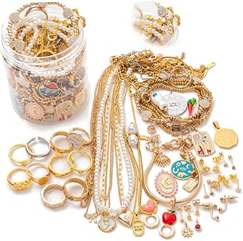 40 Pieces Mystery Jewelry Jar Set - Assorted Vintage, Modern & Boho Jewelry Mystery Jar Including Necklace, Earrings, Ring, Gold