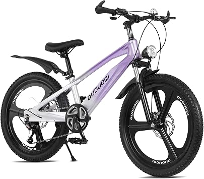 20 Inch Kids Mountain Bike for Boys & Girls Ages 8-12, 7-Speed Kids Bicycle with Magnesium Alloy Frame, Dual Disc Brakes, Shock Absorber, LED Lights