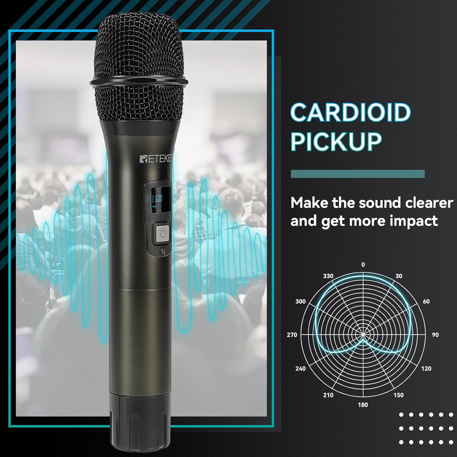 Retekess TC104 Wireless Microphone System, Karaoke Microphone, 4x50 Adjustable Channels, Auto Scan, Cordless Mic Set with 4 Handheld Mics for Singing, Church, DJ Gigs - Image 6