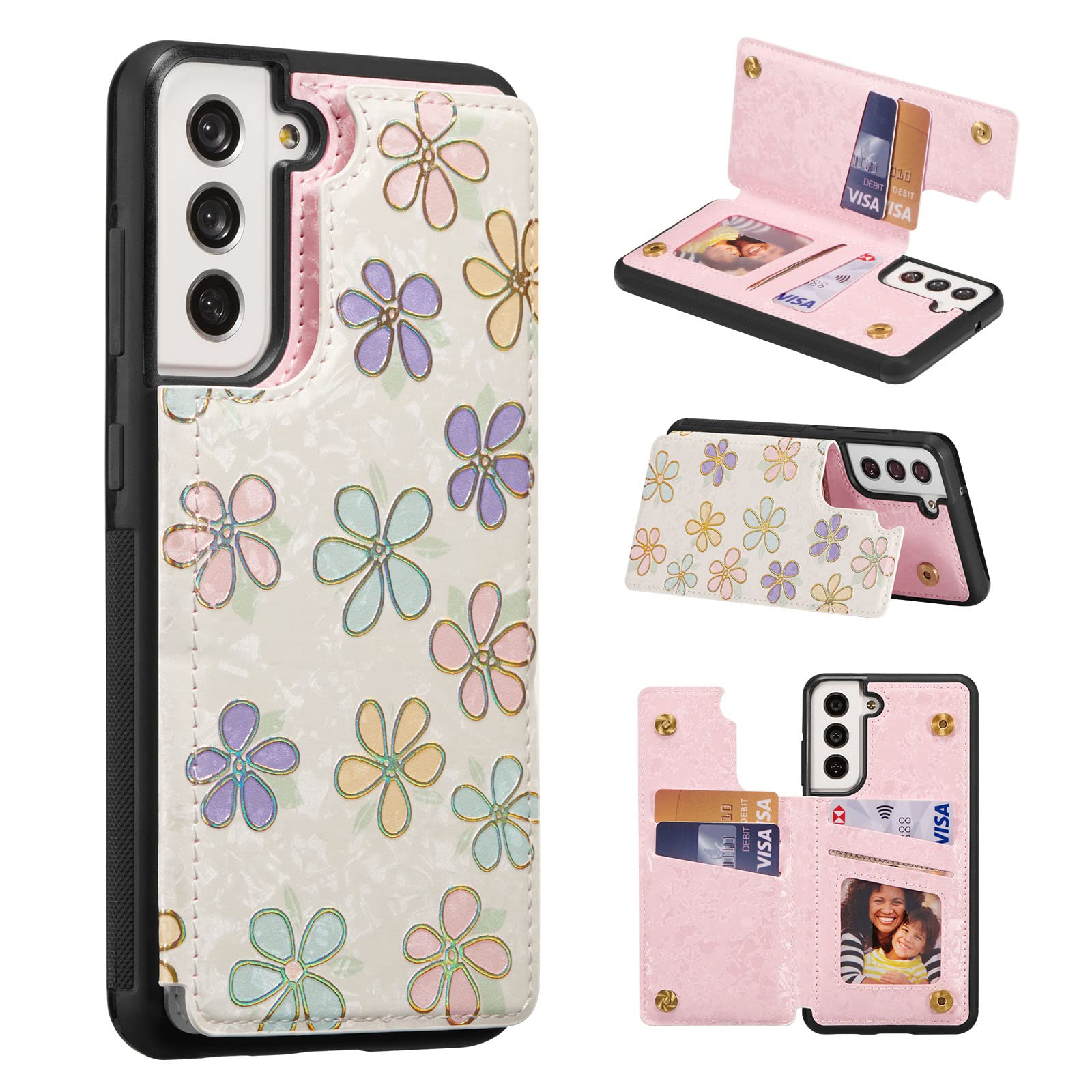 UEEBAI Wallet Case for Samsung Galaxy S21 FE 5G with Card Holders, PU Leather Cover Kickstand RFID Blocking Double Magnetic Clasp Rilievo Flower