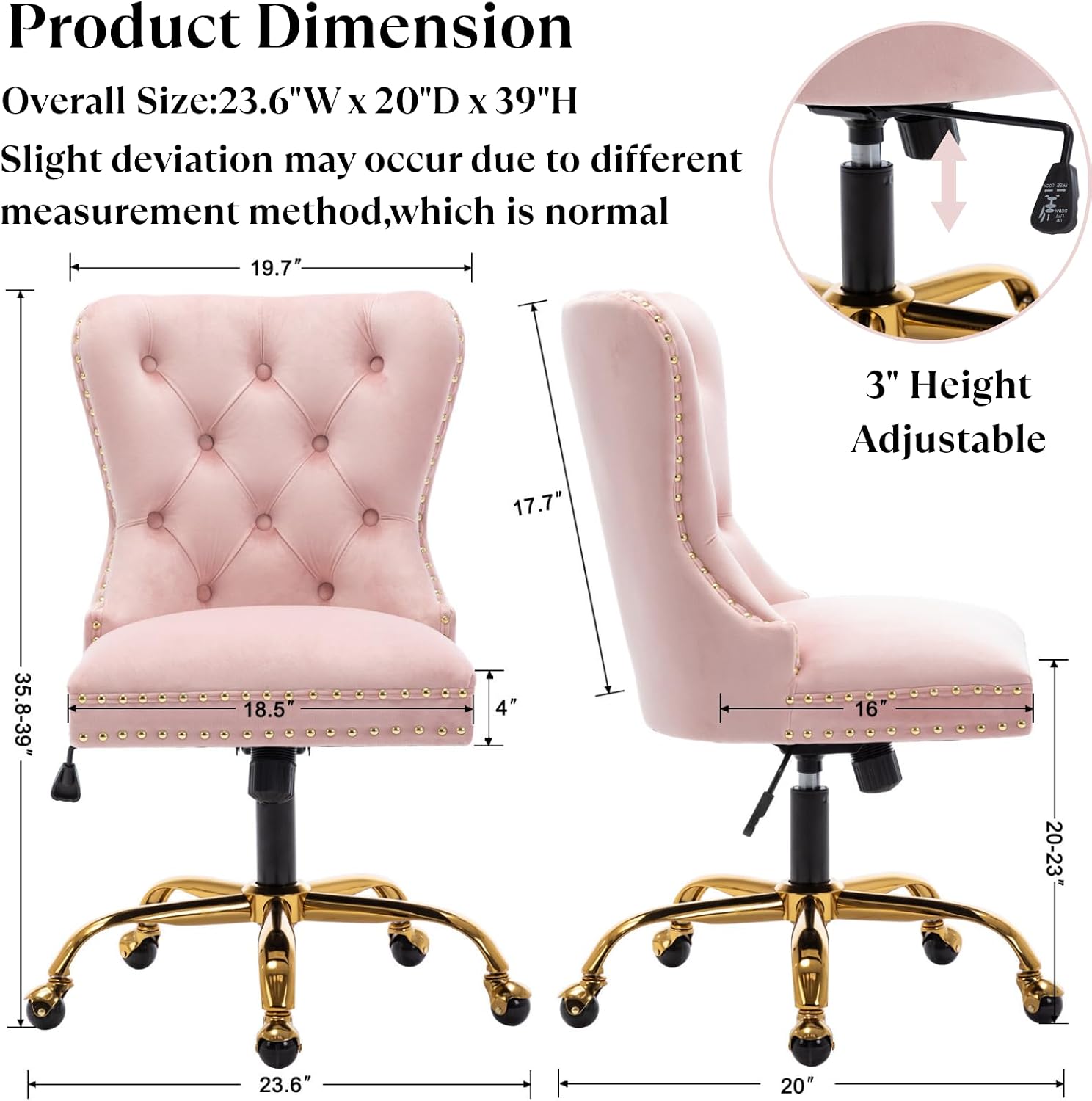Velvet Home Office Desk Chair with Wheels & Gold Base, Comfy Tufted Makeup Vanity Chair for Women Girls, Upholstered Adjustable Swivel Armless Office Chair Study Chair for Bedroom, Pink